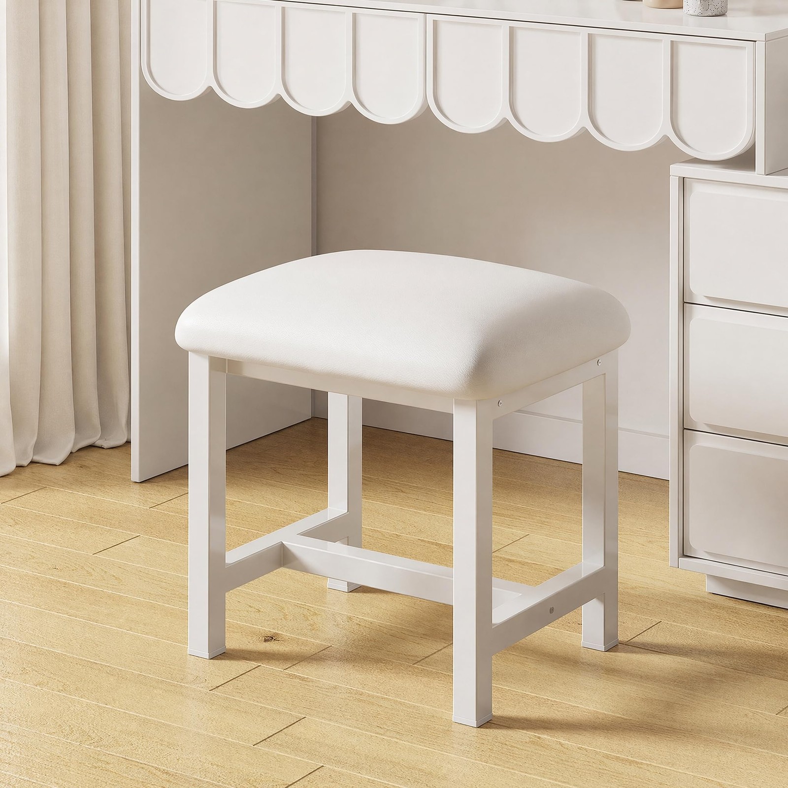 White Vanity Stool Small Makeup Bench Leather Cushioned Desk Chair