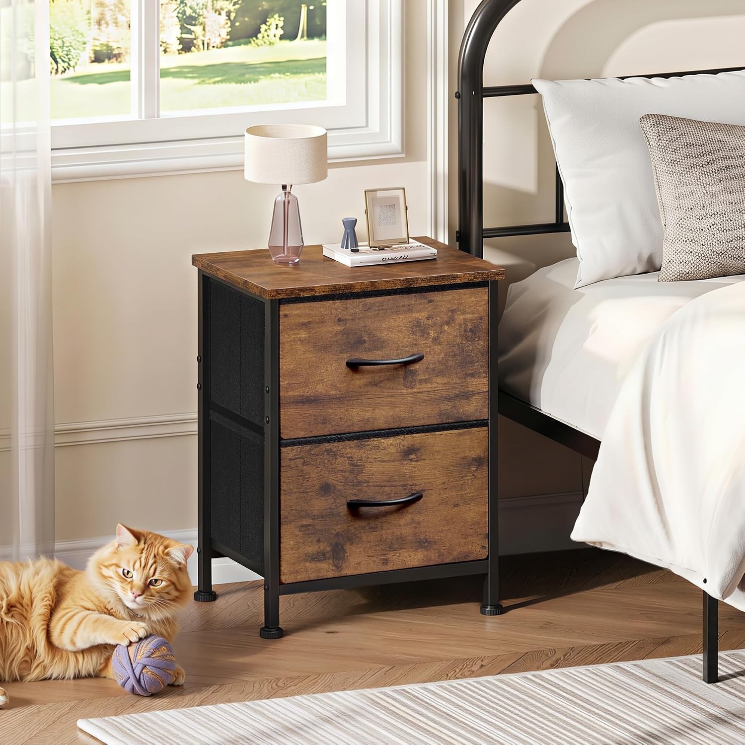2-Drawer Night Stand with Rustic Brown Finish and Easy Assembly Instructions