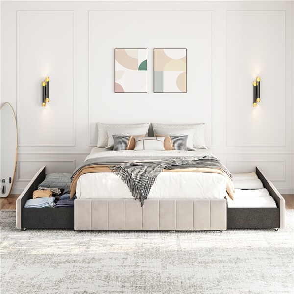 Upholstered Bed with Underbed 4 Storage Drawers, Large Storage Space, Full/Queen