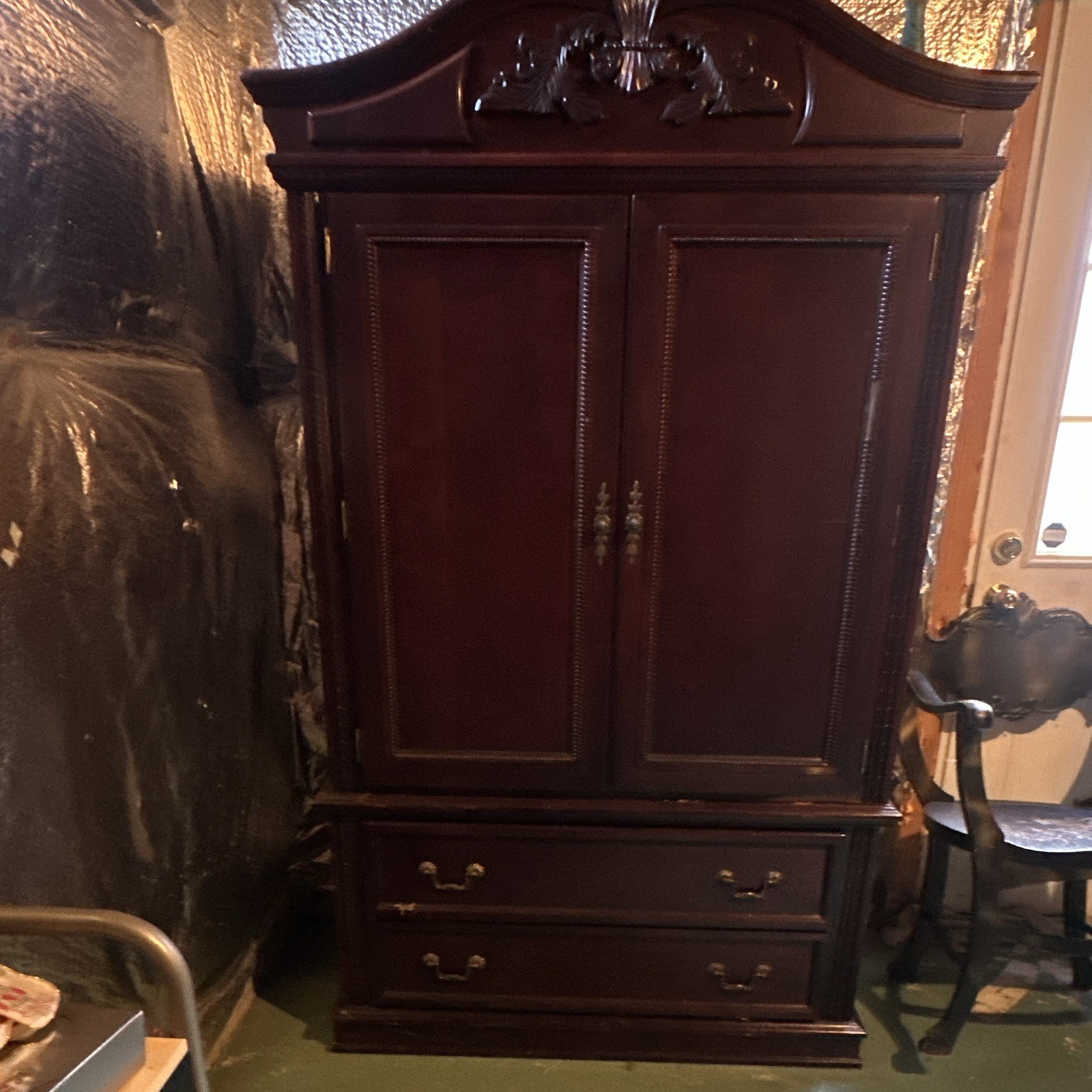 Dark Wood Freestanding Wardrobe Armoire, 2 Hinged Doors, 2 Drawers