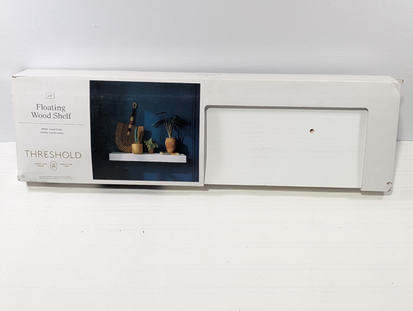 Threshold Floating Wood Shelf Wall Mounted w/ White Wood Finish 24″ x 6″ x 2.25″