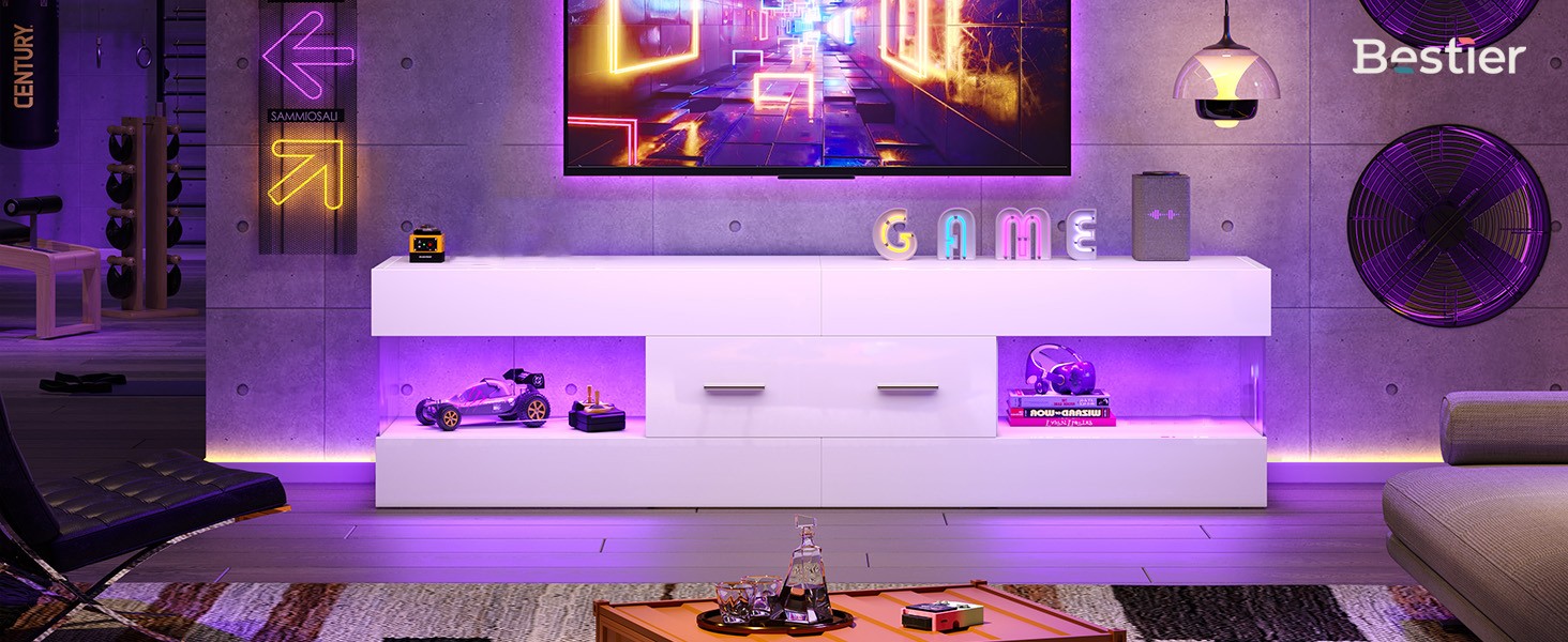Black TV Stand for 55/60/65 Inch TV, High Gloss Modern TV Stand with