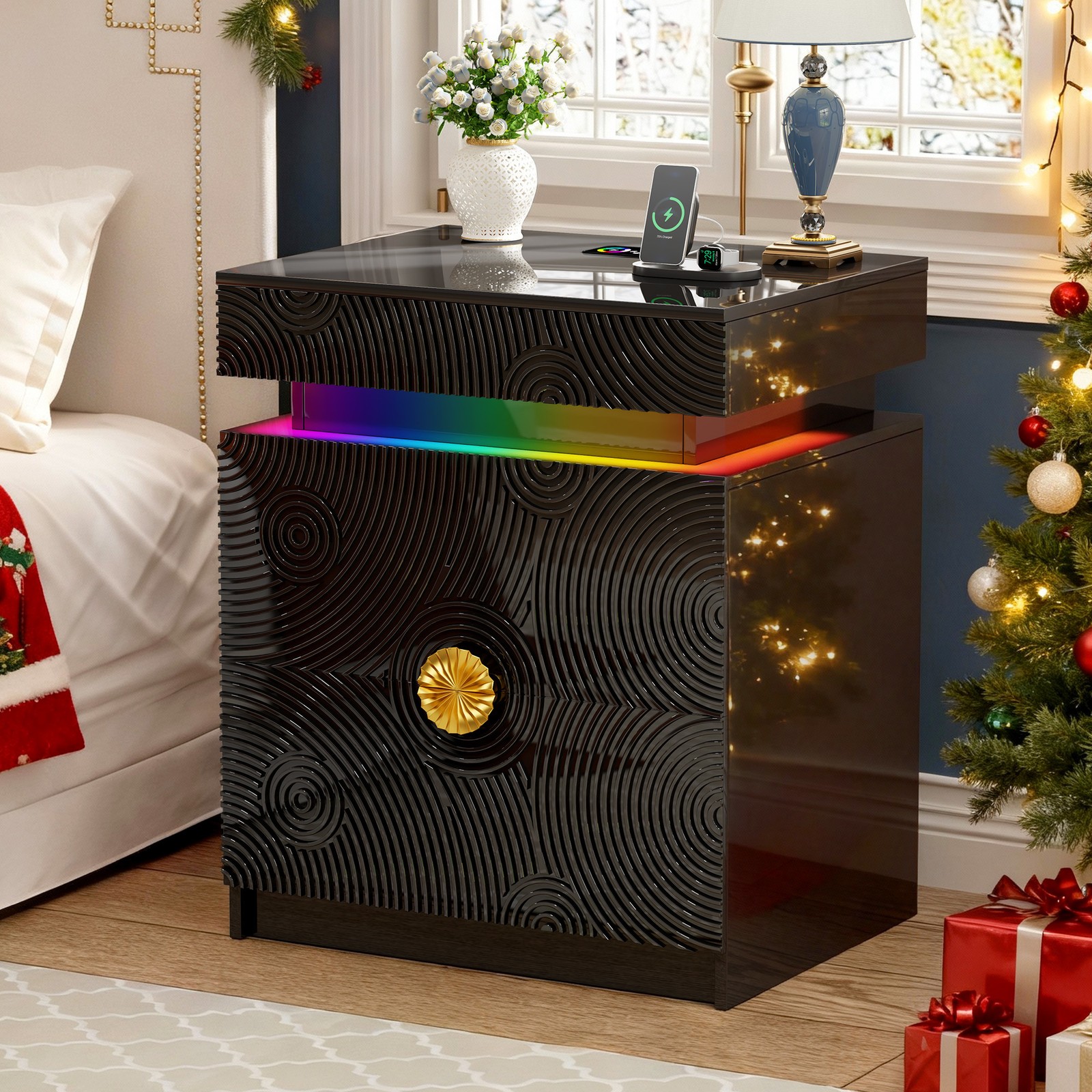 Nightstand with Hidden Drawer, Night Stand with RGB Lights and Charging Station