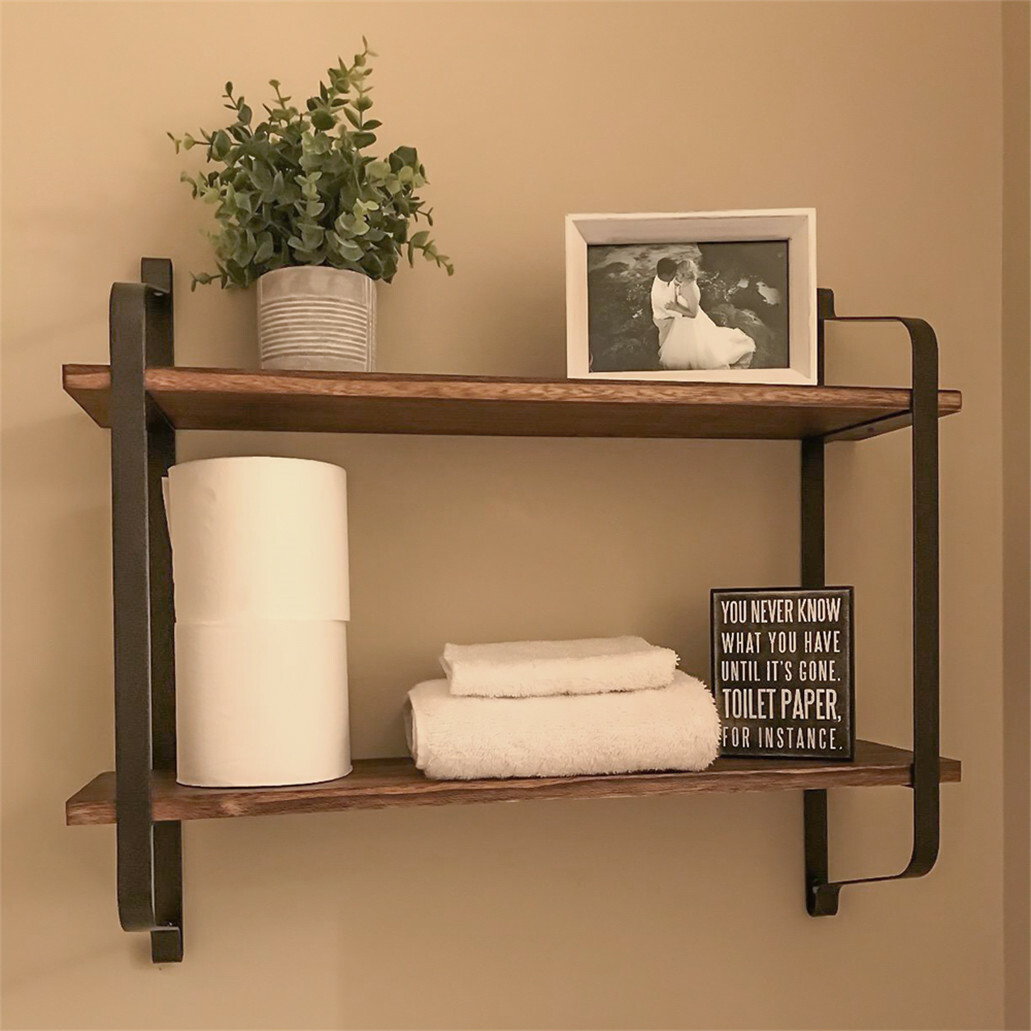 24in 2 Tier Iron Wood Wall Floating Shelf Industrial Wood Metal Storage Shelf
