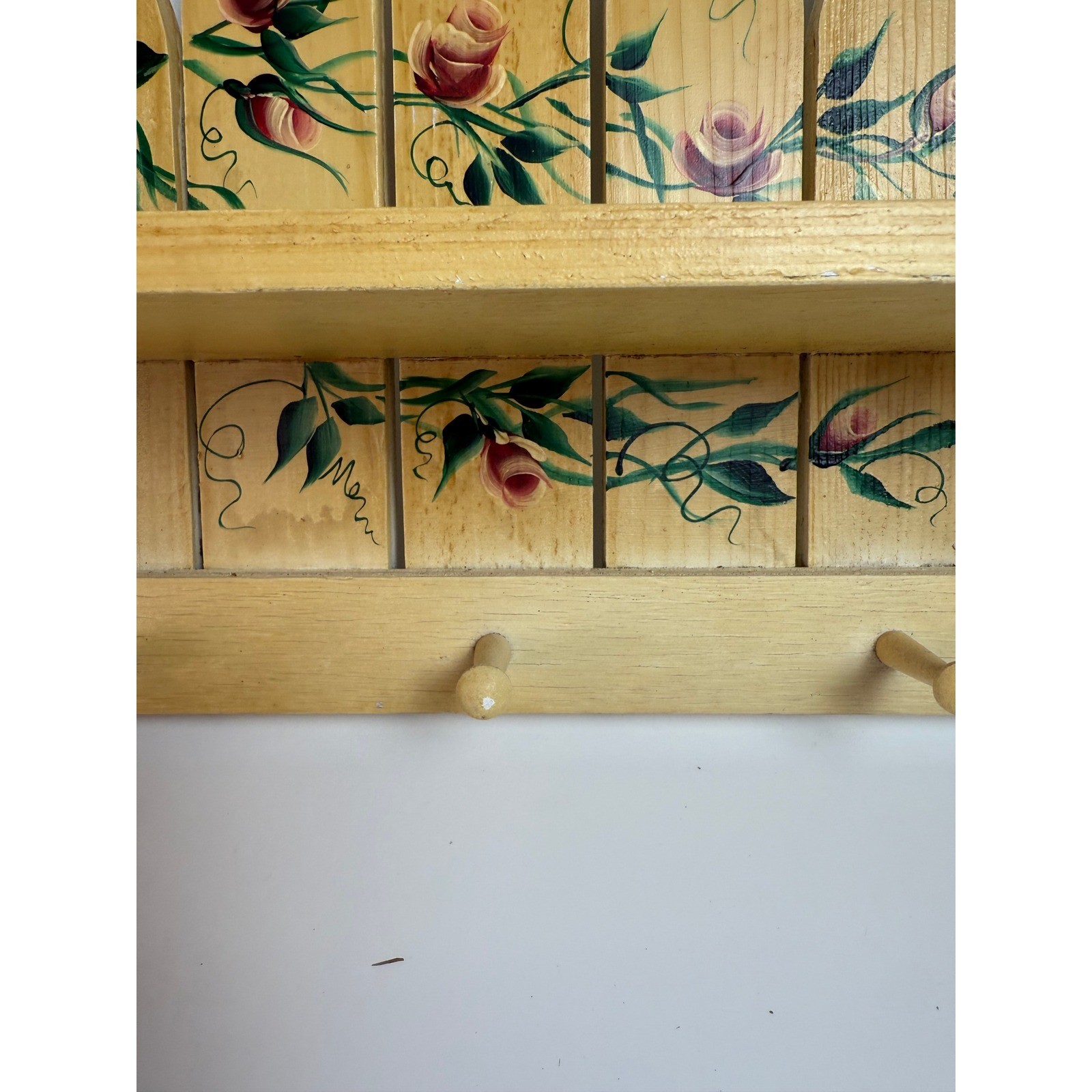 Vintage Hand Painted Wood Picket Fence Wall Shelf Pink Roses 3 Peg Rack 15in