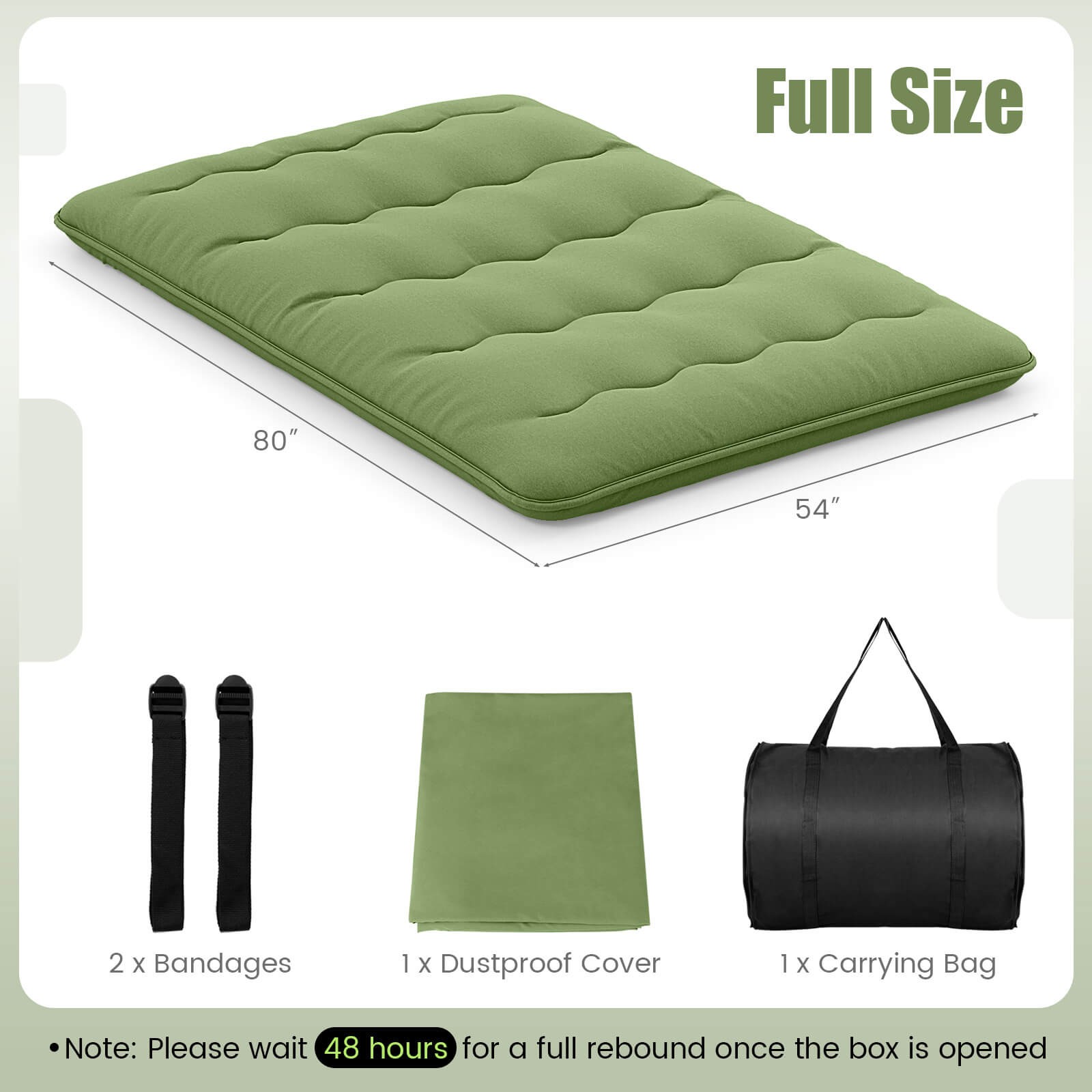 Full Futon Mattress Japanese Sleeping Pad Lounge Bed w/ Washable Cover Green
