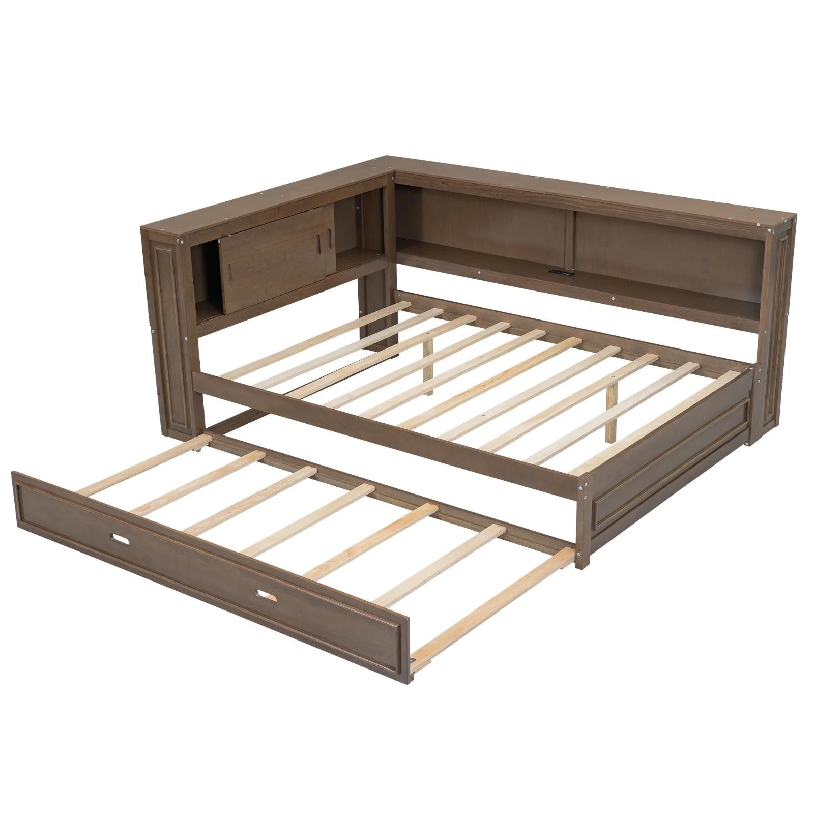 Full Size Daybed With Storage Shelves And Trundle USB Charging LED Light