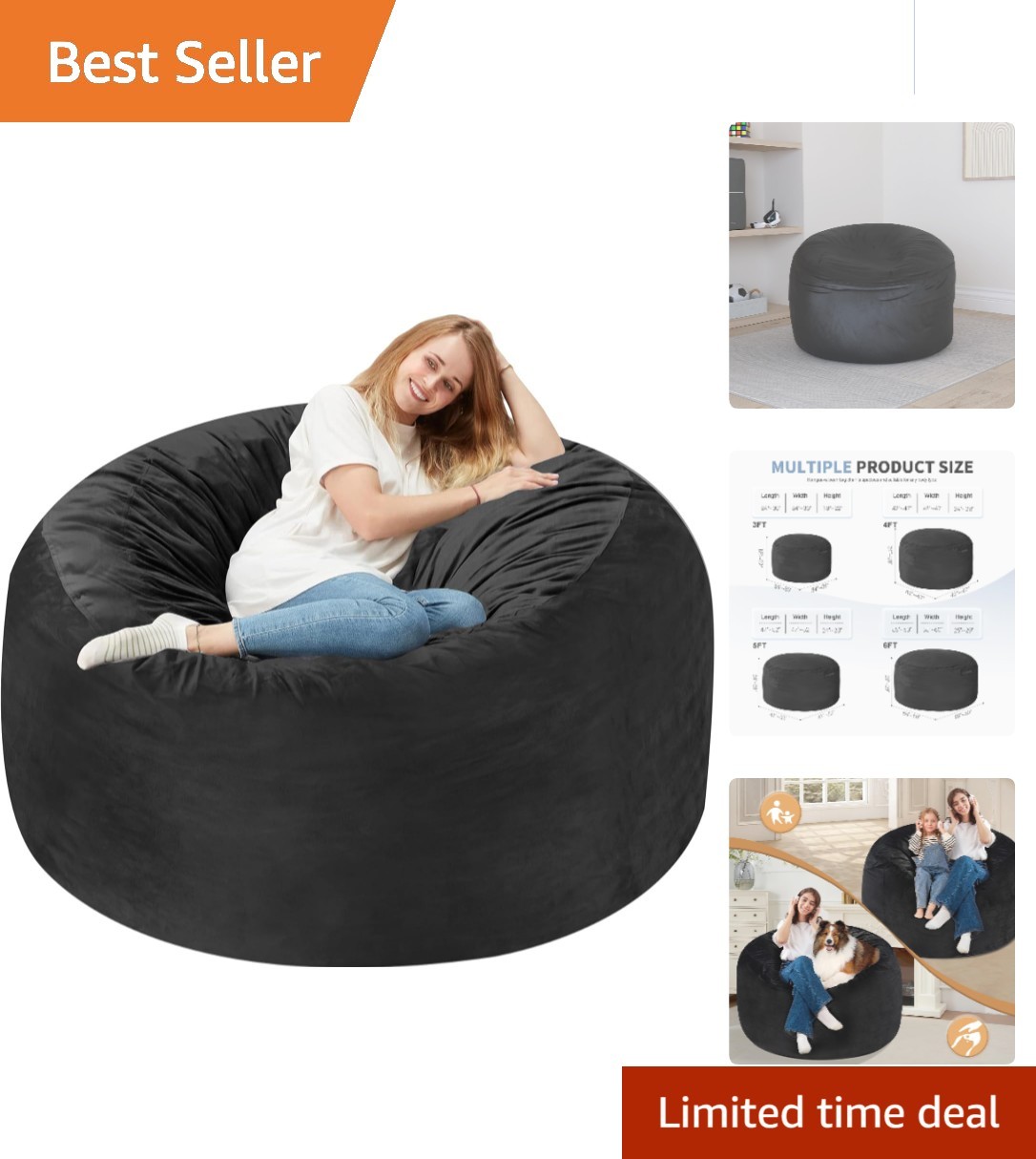 Elegant 3FT Black Bean Bag Chair with Memory Foam – Perfect for All Ages