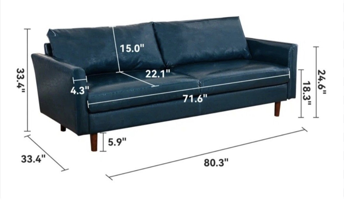 Blue Vegan Leather Mid Century Modern Sofa Vintage Style Couch 4 Seater Loveseat