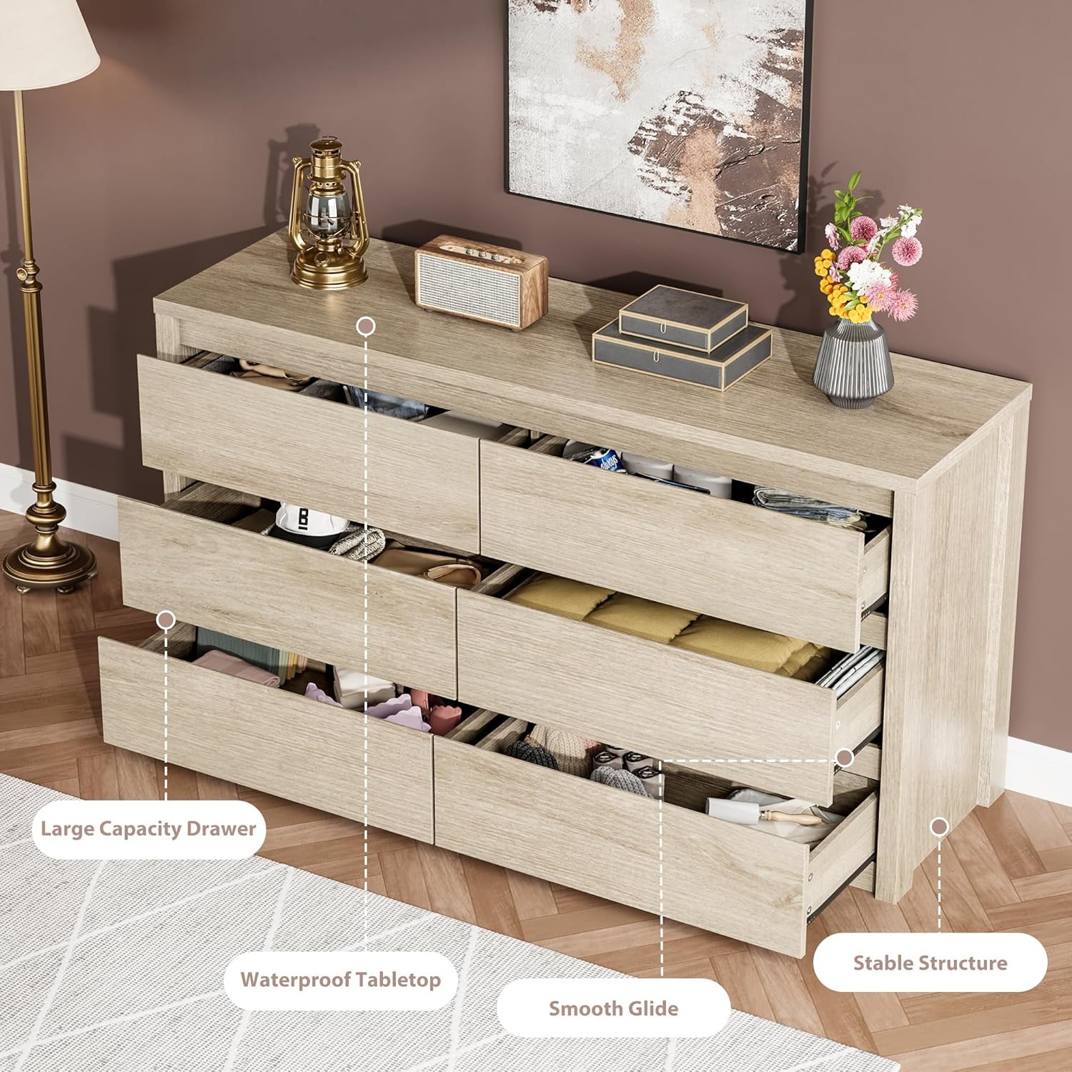 ✅GarveeHome 6 Drawer Dresser for Bedroom, Freestanding Wooden Bedside Chest for