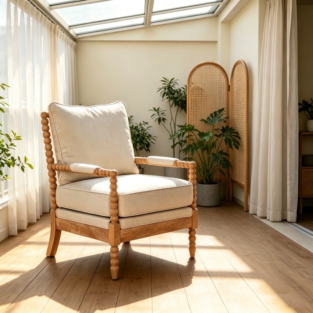 Rubber Wood Accent Chair with Fabric Upholstery & Sponge Cushion