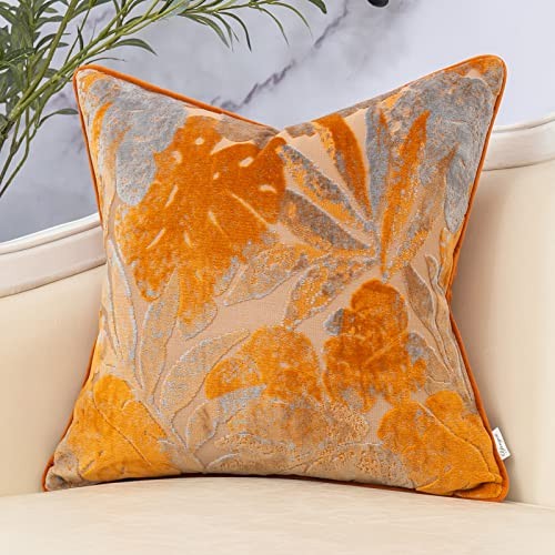Orange Leaf Square Pillow Cover Cut Velvet 20″ x 20″ (Pack of 1) Rust Orange