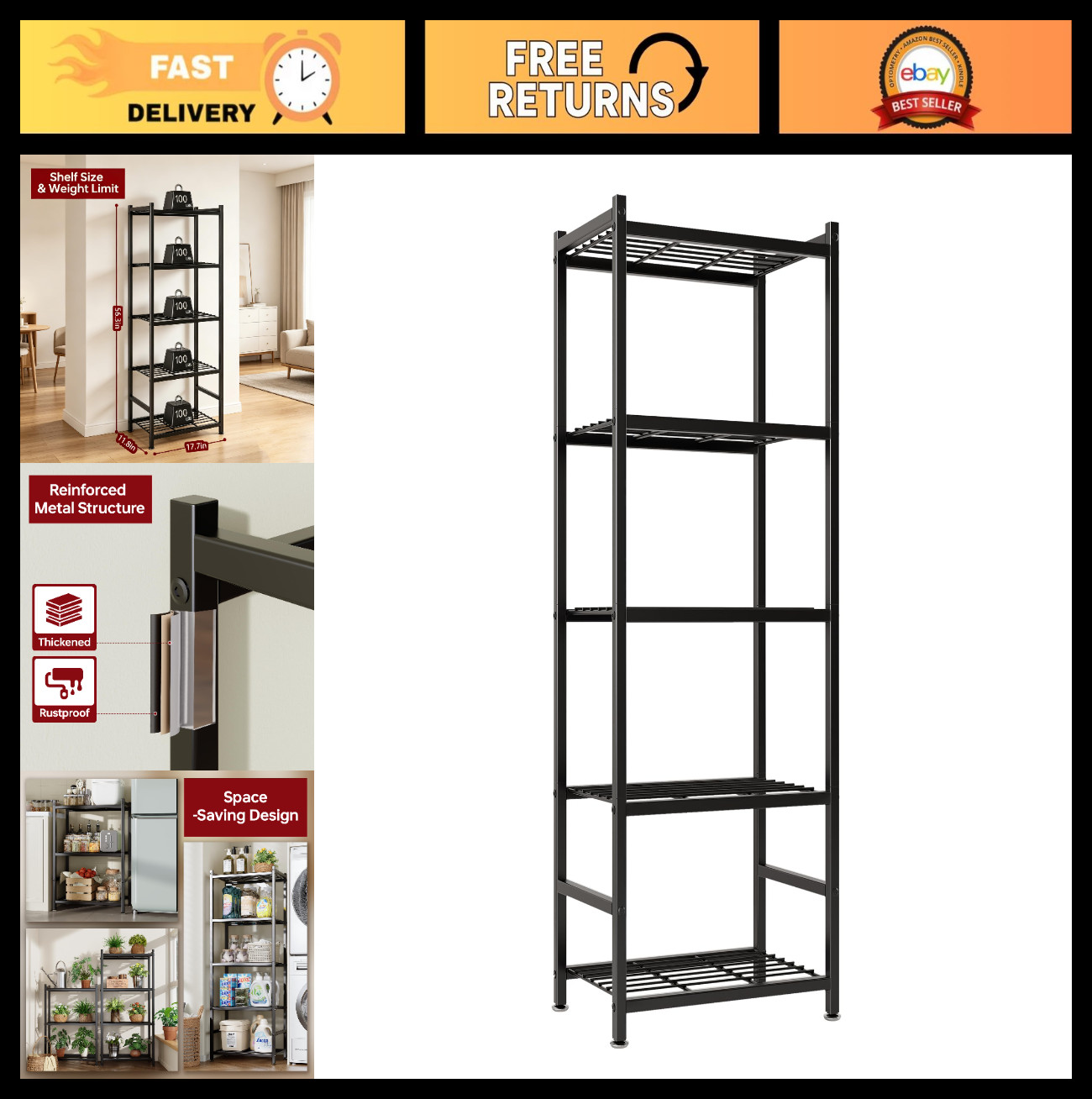 5-Tier Metal Storage Shelves, Compact Organizer for Garage, Kitchen & Closet, 17