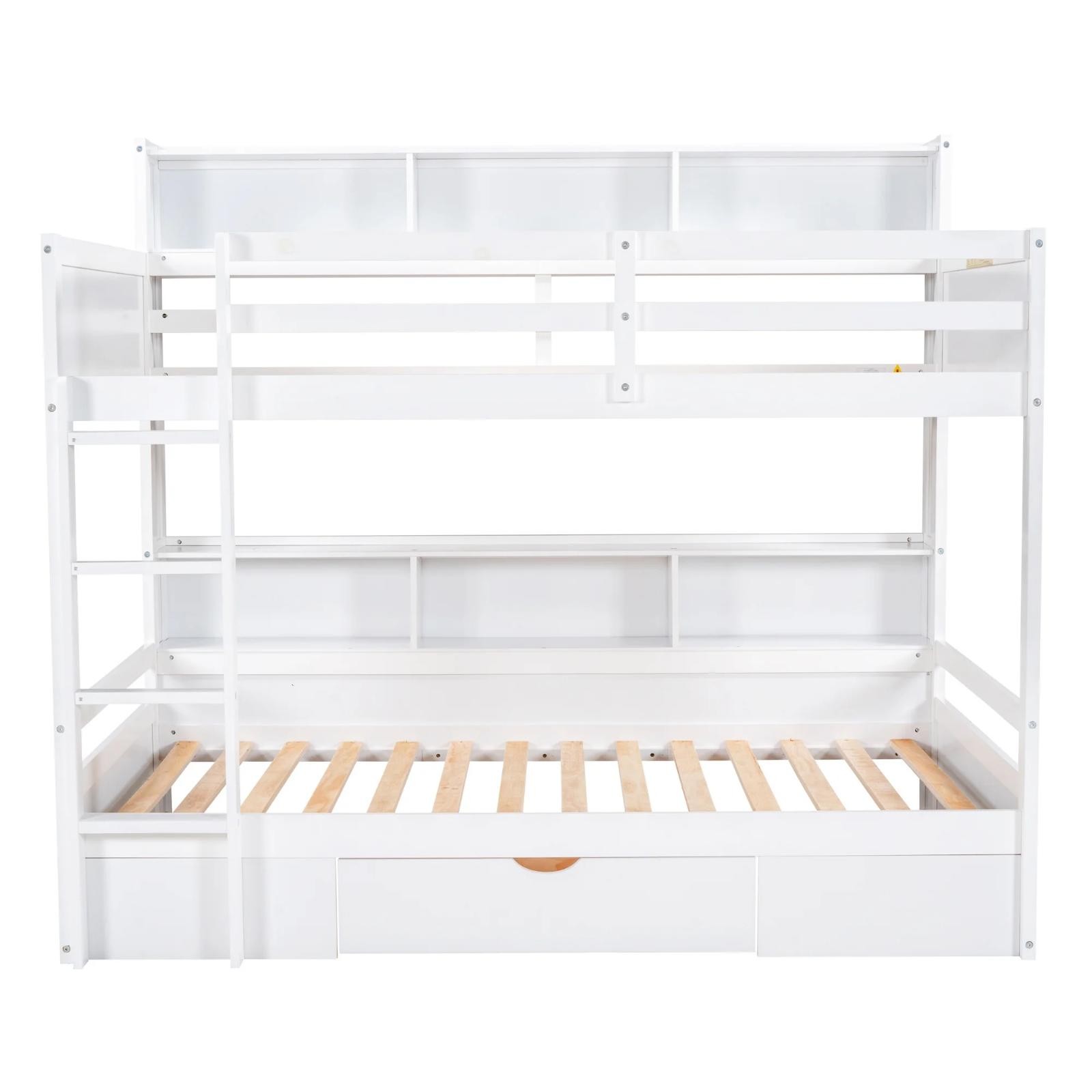 Modern Solid Wood Twin Over Twin Bunk Bed W/ Shelves Drawer Kids Teens Bedroom