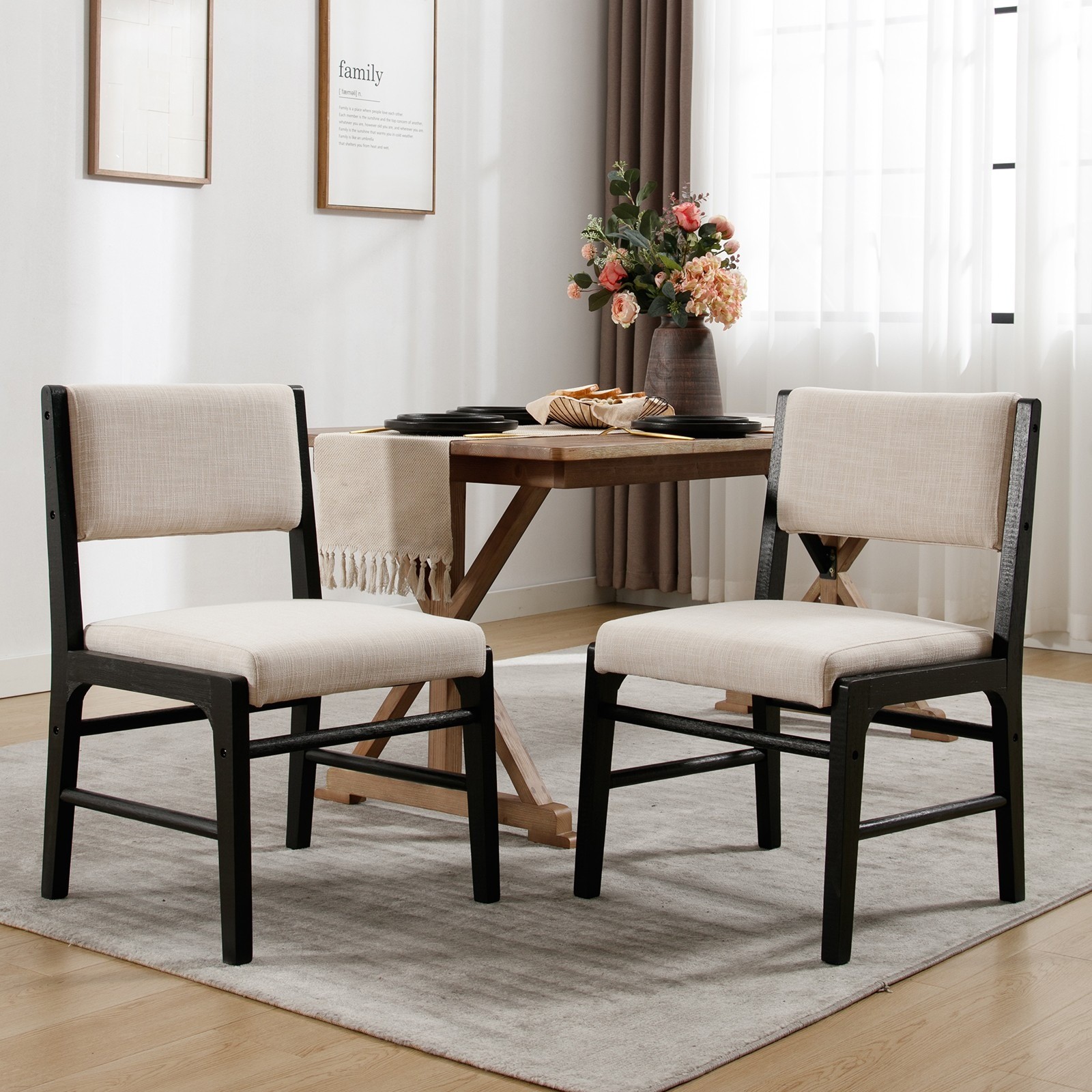Set of 2 Rectangular Dining Chairs, with Black Wooden Legs and Padded Soft Seats