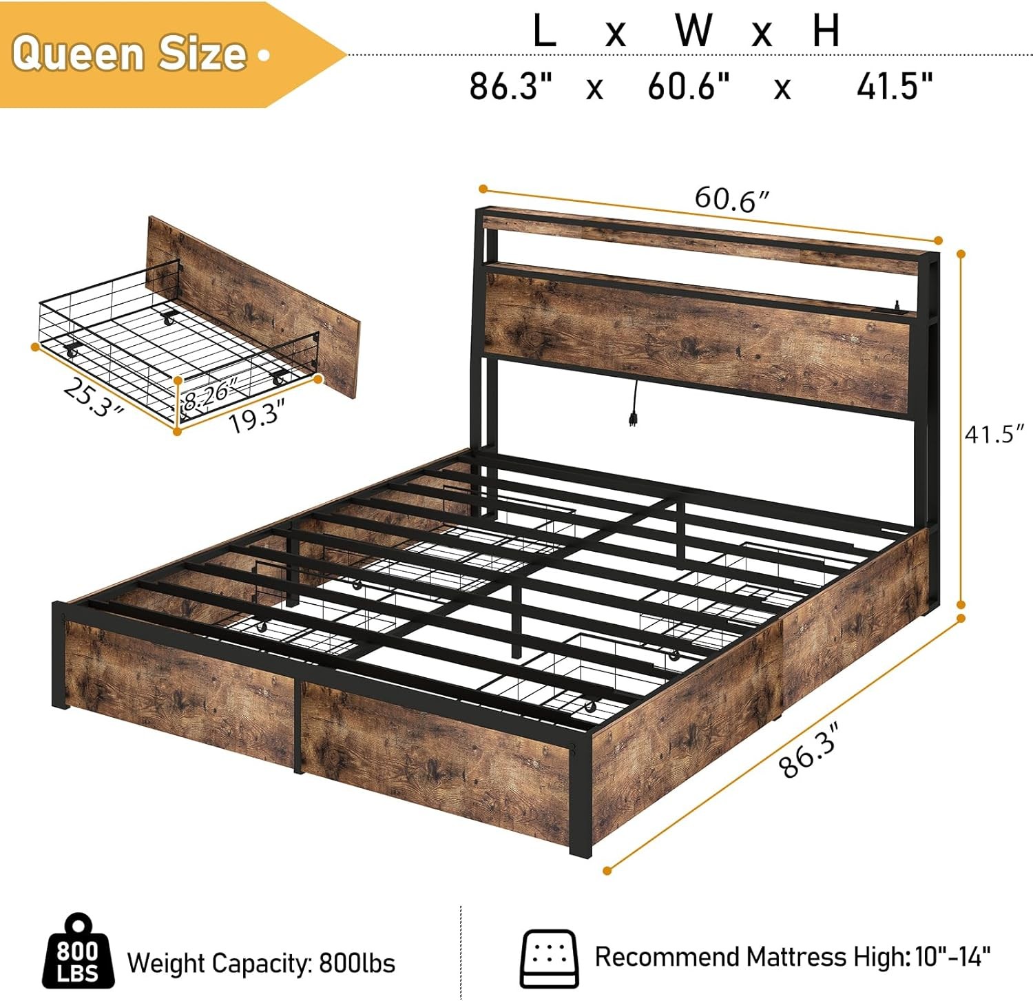 King Queen Full Metal Platform Bed Frame with LED Light, Charging ,4 Drawers