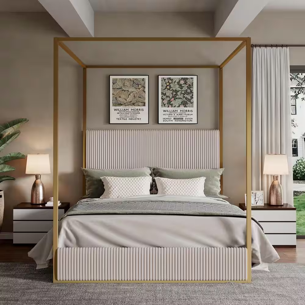 Beige and Gold Metal and Wood Frame King Size Corduroy Upholstered Canopy Bed wi
