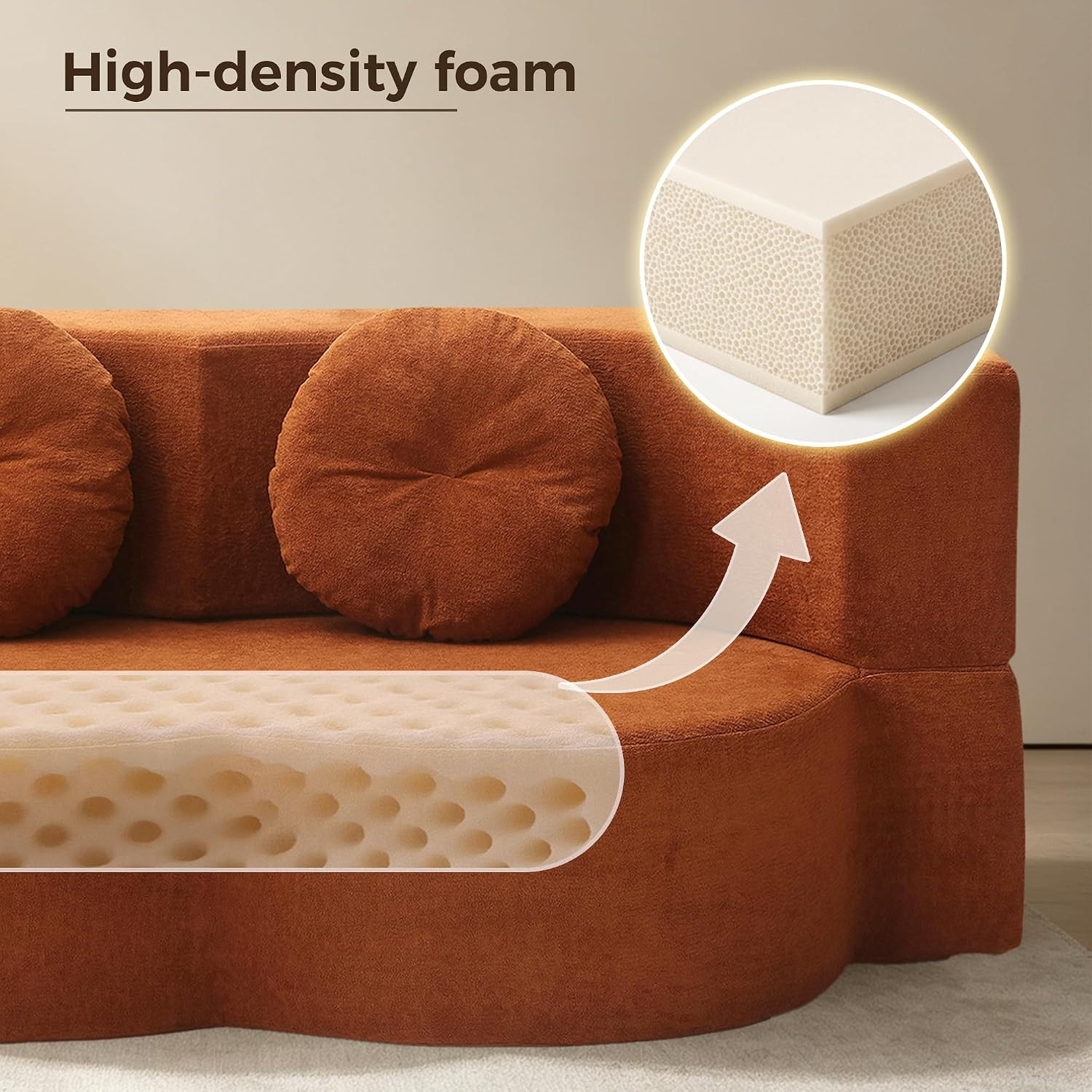 75.5″ Orange Futon Sofa Bed with Pillows – No Assembly, Convertible Loveseat