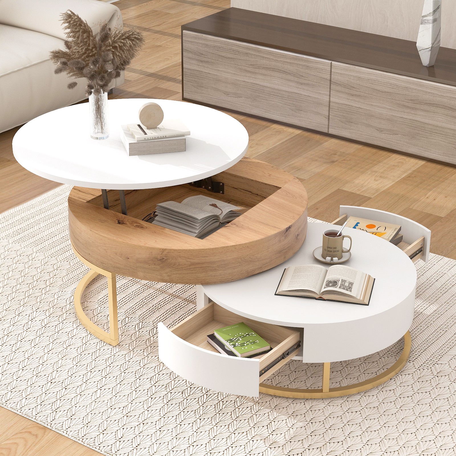 Round Lift-Top Nesting Coffee Tables with 2 Drawers White & Natural