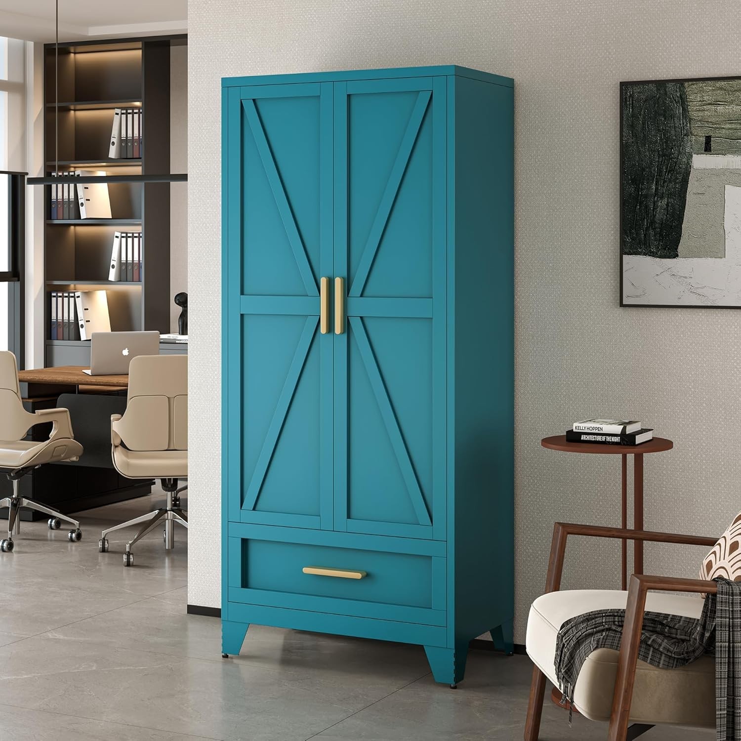 MY 71″Metal Armoire Wardrobe Closet Furniture w/ Drawer and Adjustable Shelves