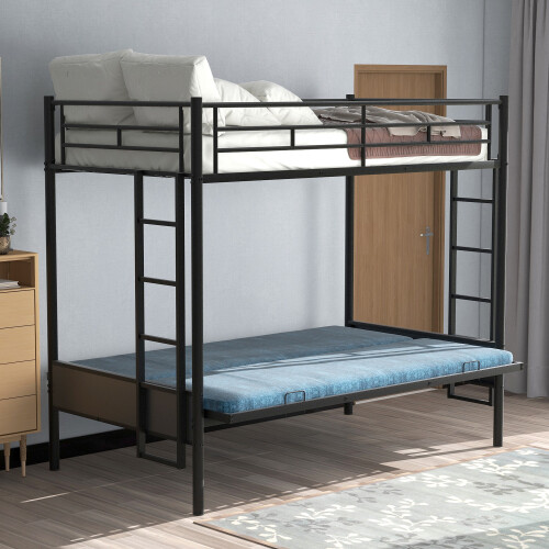 Convertible Bed Twin over Full Metal Bunk Bed Multi-Function Black Bed Frame