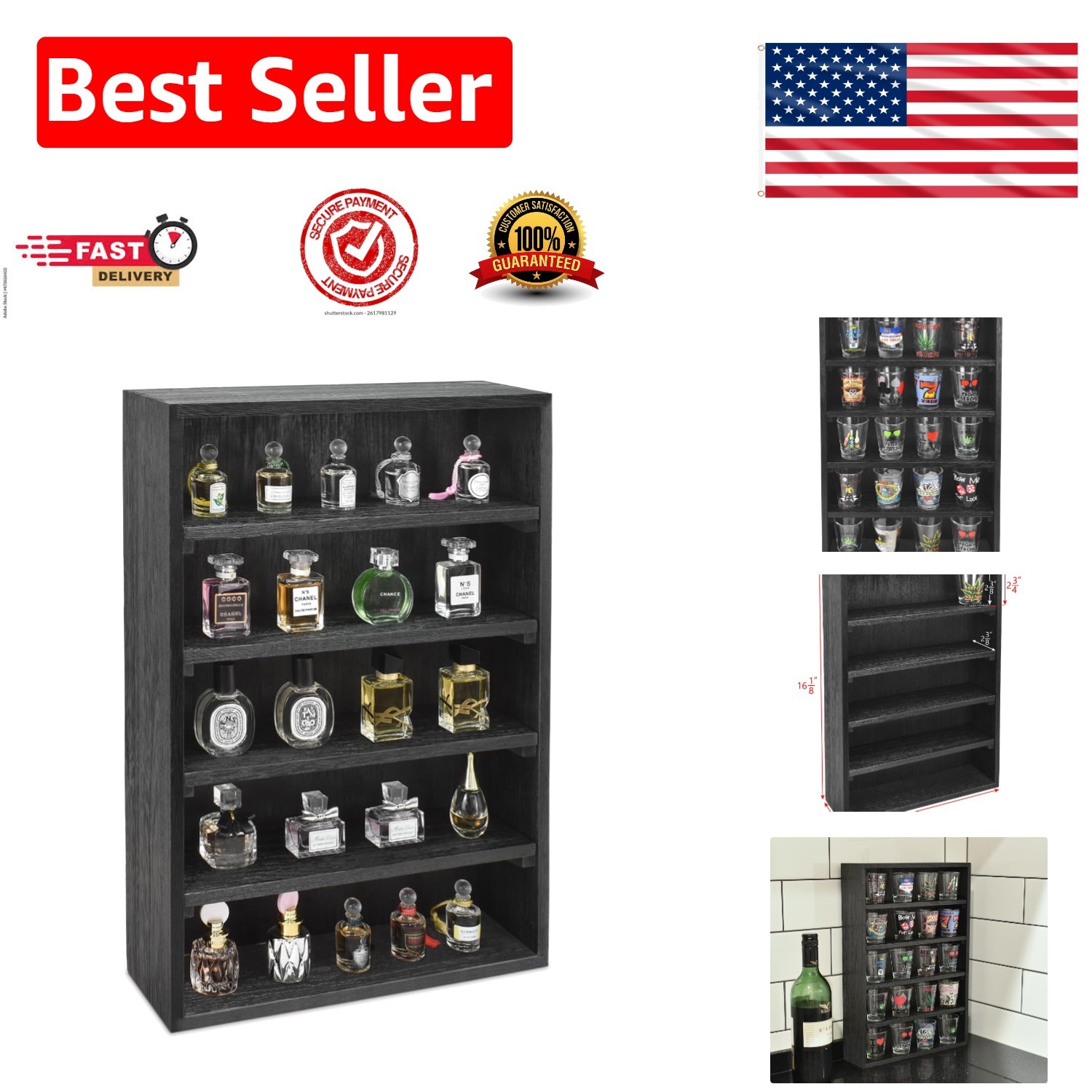 Antique Black Wall-Mounted Display Rack – 5 Adjustable Shelves for Collectibles