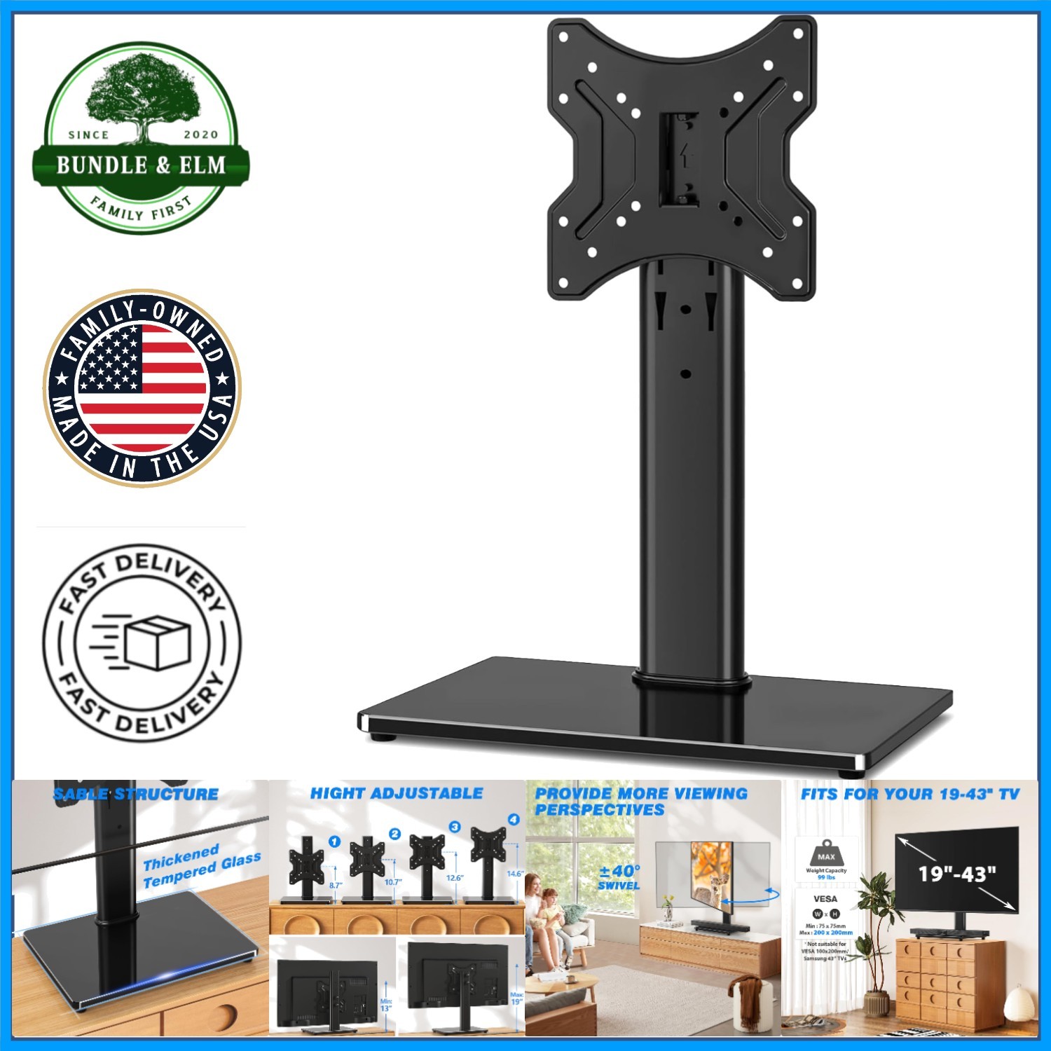 Swivel Tabletop TV Stand for 19-43 Inch Flat Screens with Adjustable Height