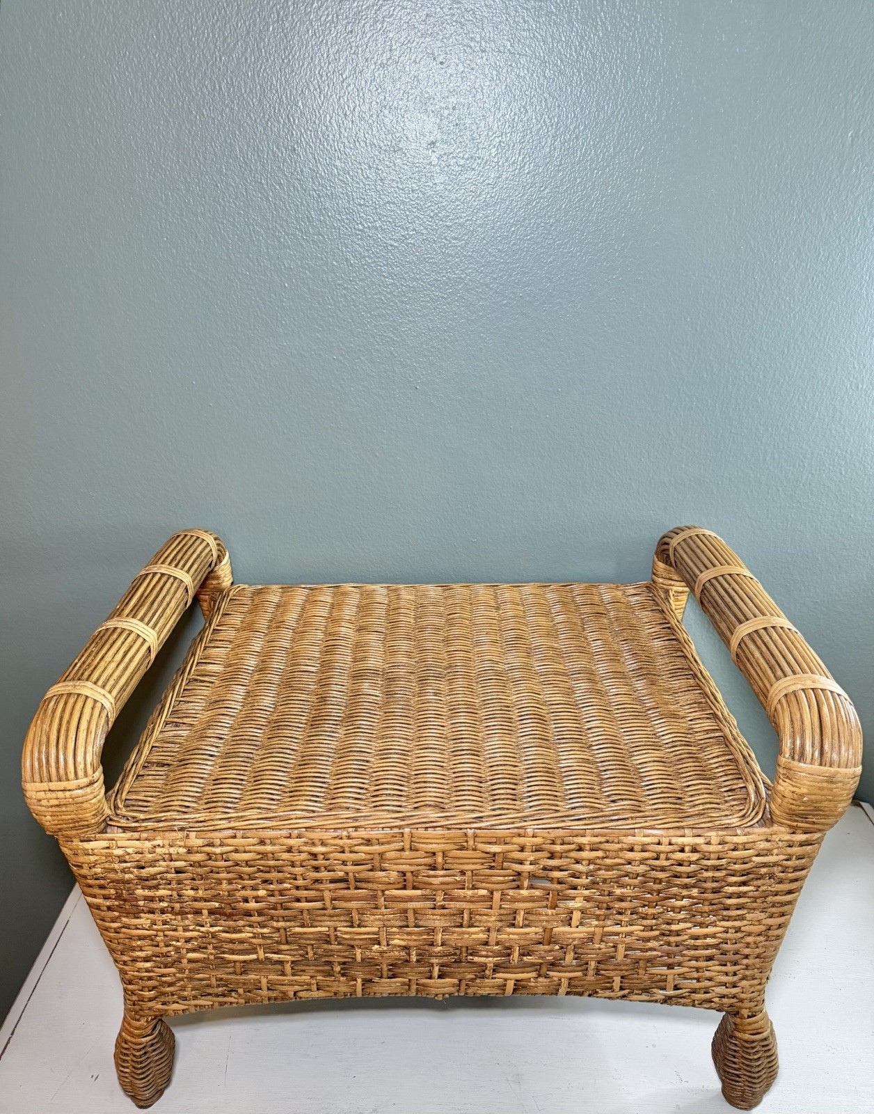 Vintage Rattan Wicker Ottoman Footstool Bench Boho Coastal Decor Stool