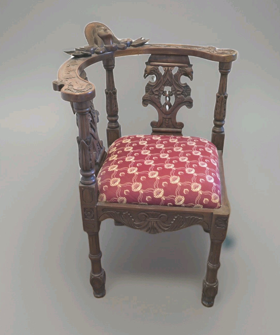 Vintage Victorian Carved Wood Corner Chair with Female Head Crest On Top