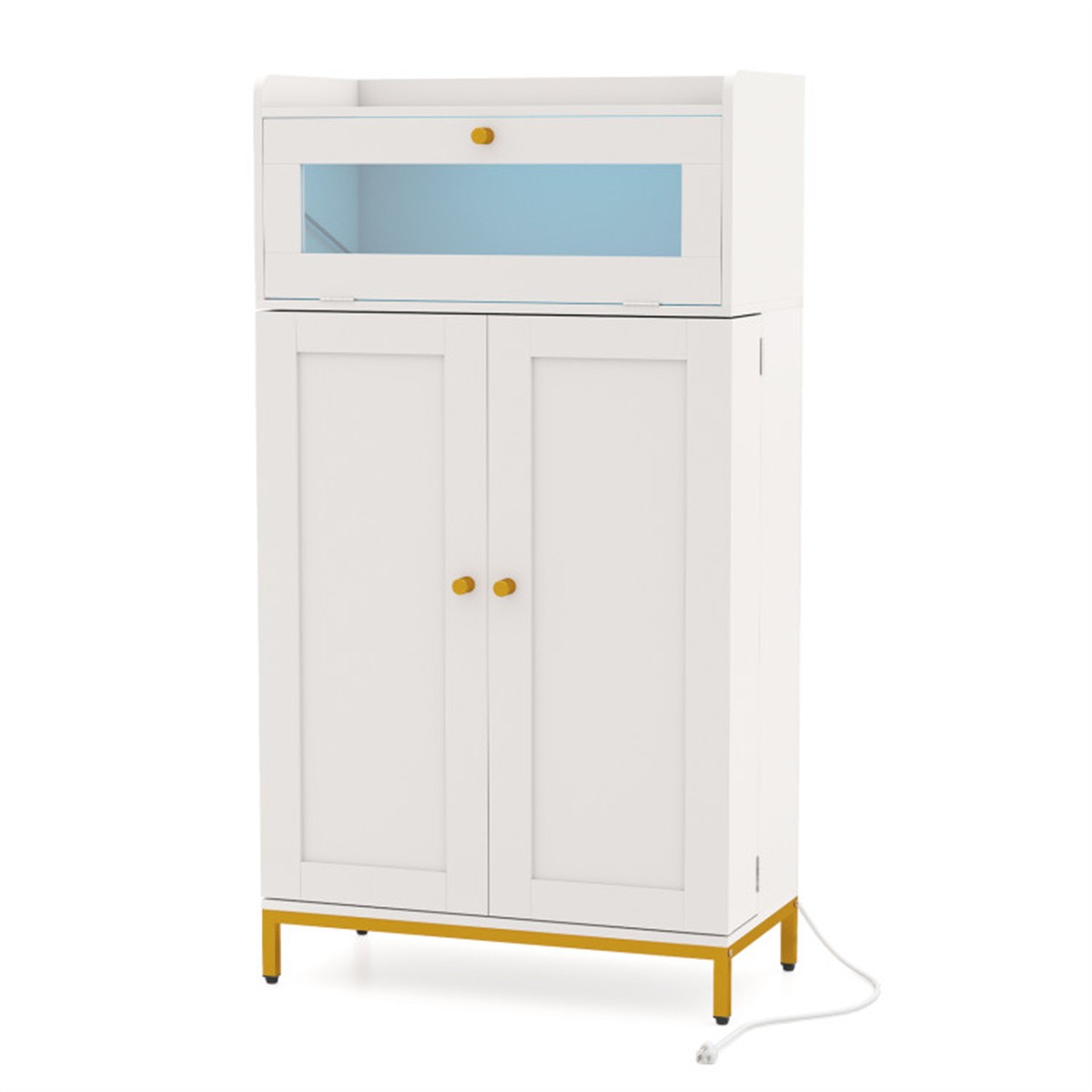 Kitchen Pantry Cabinet Built-in Charging Station and Customizable LED Lights