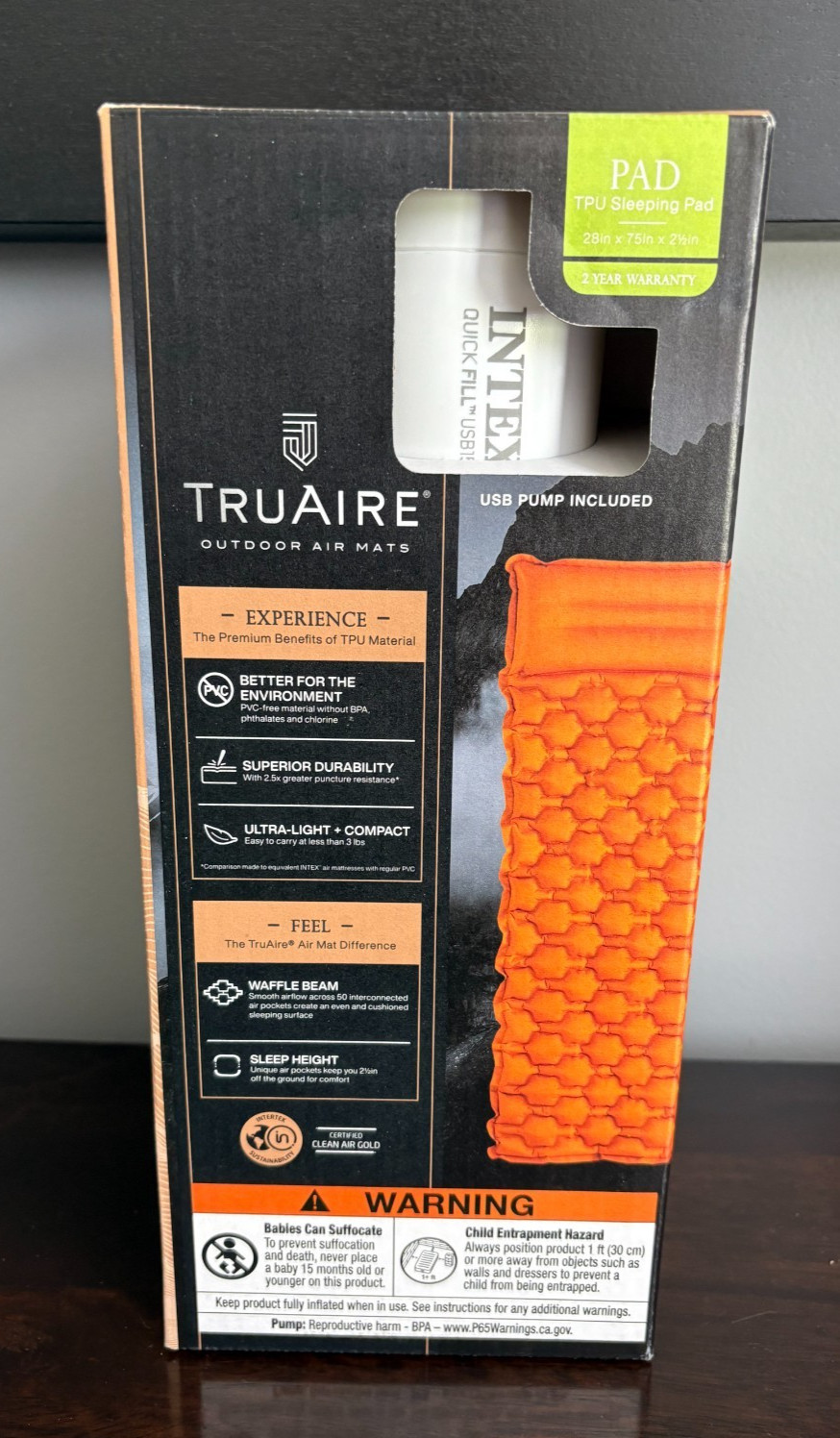 Intex TruAire 4.5″ Inflatable Sleeping Pad, Built-In Pillow, Lightweight