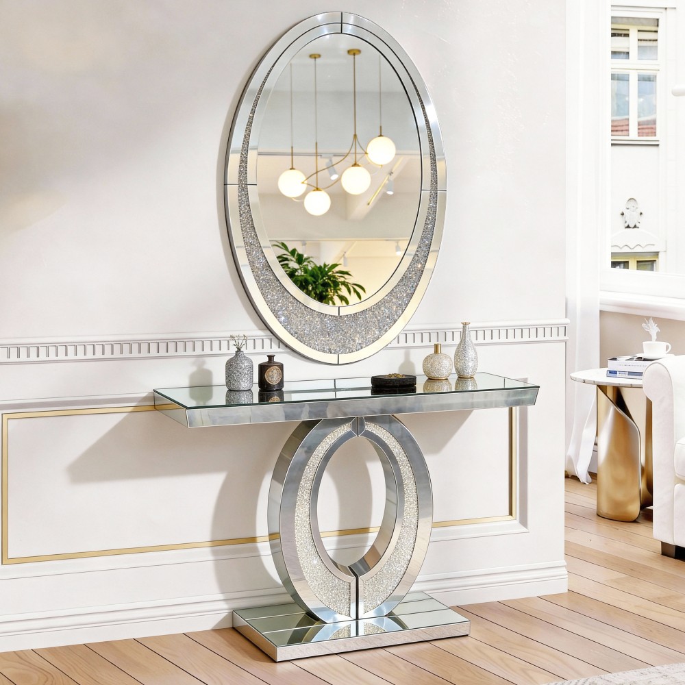 Mirrored Console Table, Crushed Diamond Design Silver for Living Room
