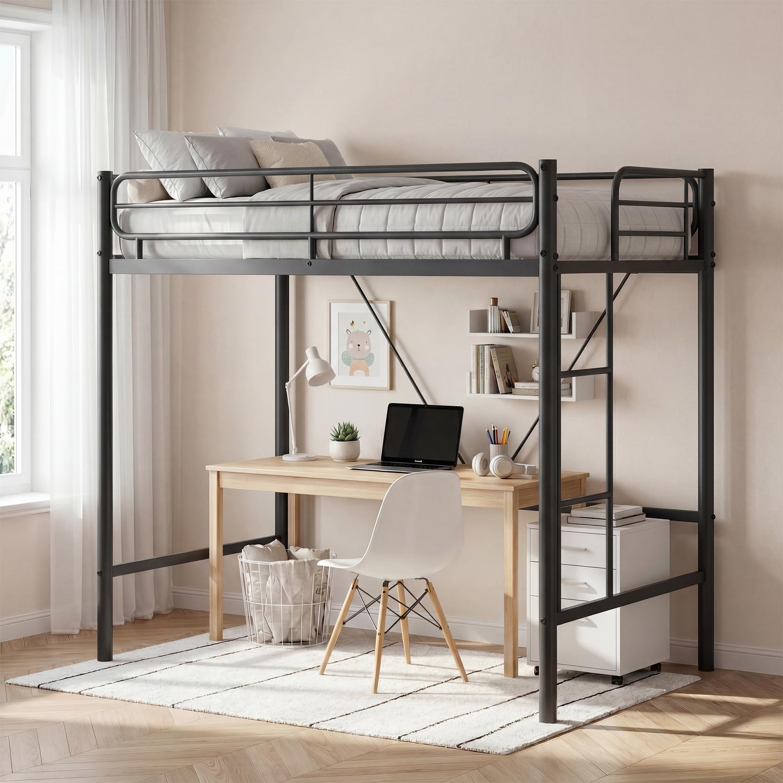 450 lbs Heavy Duty Metal Frame Twin Loft Bed for Kids & Teens W/11.7″ Guardrail