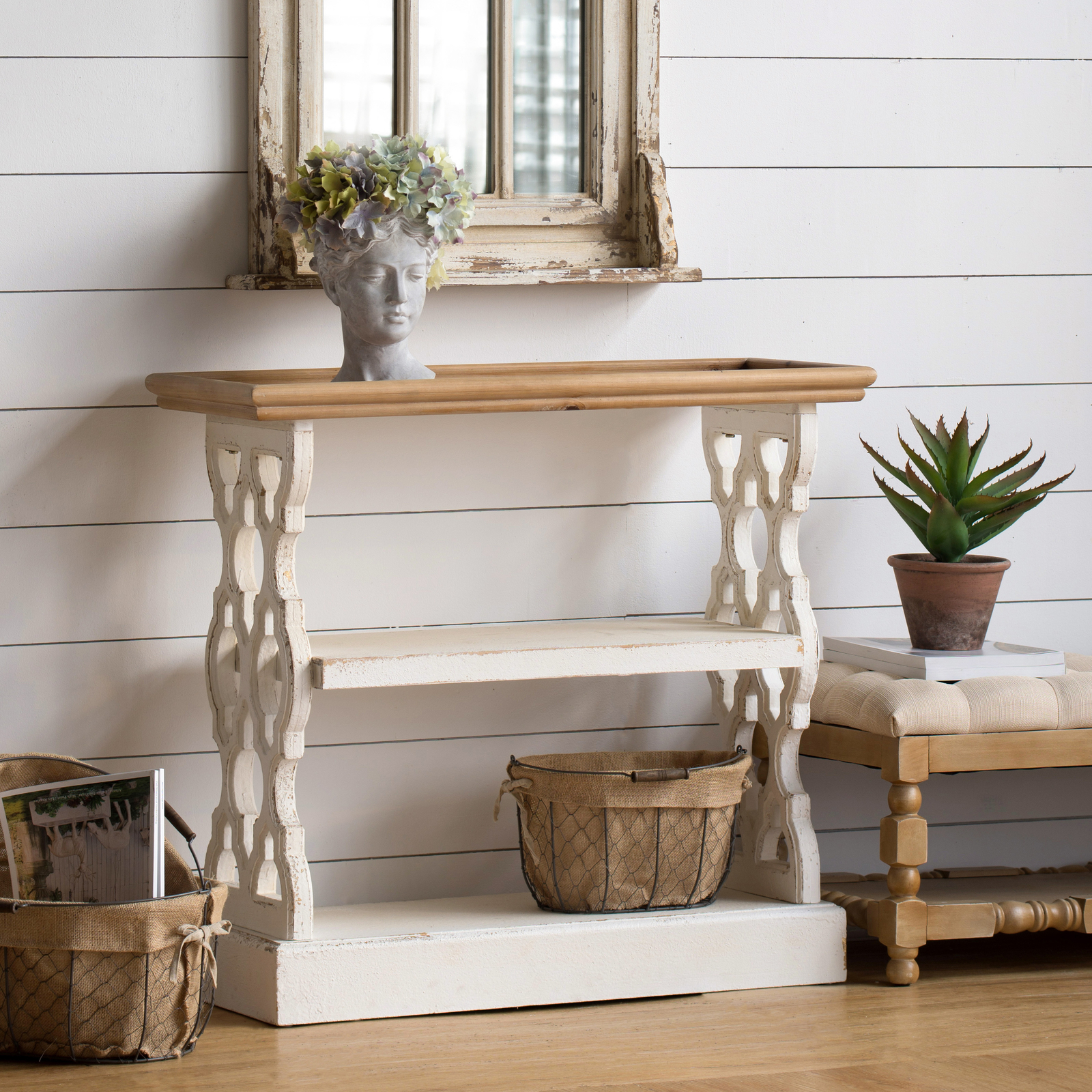 Distressed Console Table, Entryway Table with Wood Carvings & Natural Wood Tray