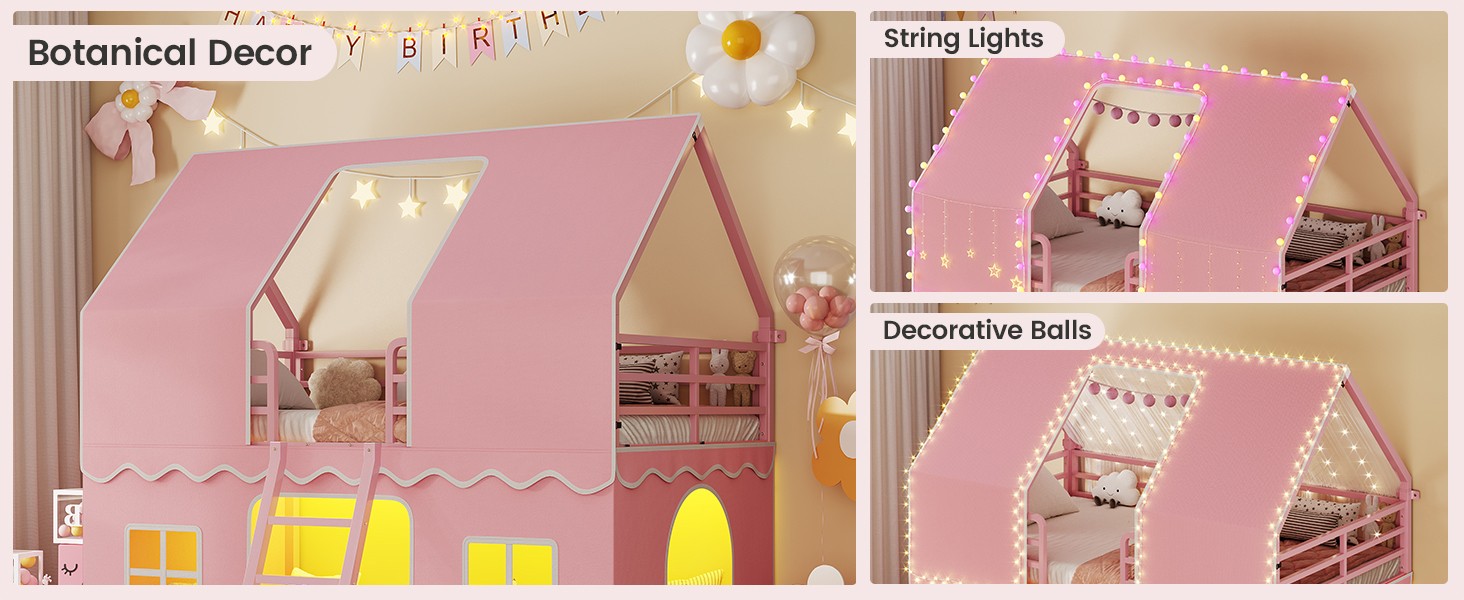 Bunk Bed Twin Over Twin with Play Curtain, House Bunk Bed with LED Lights, Metal