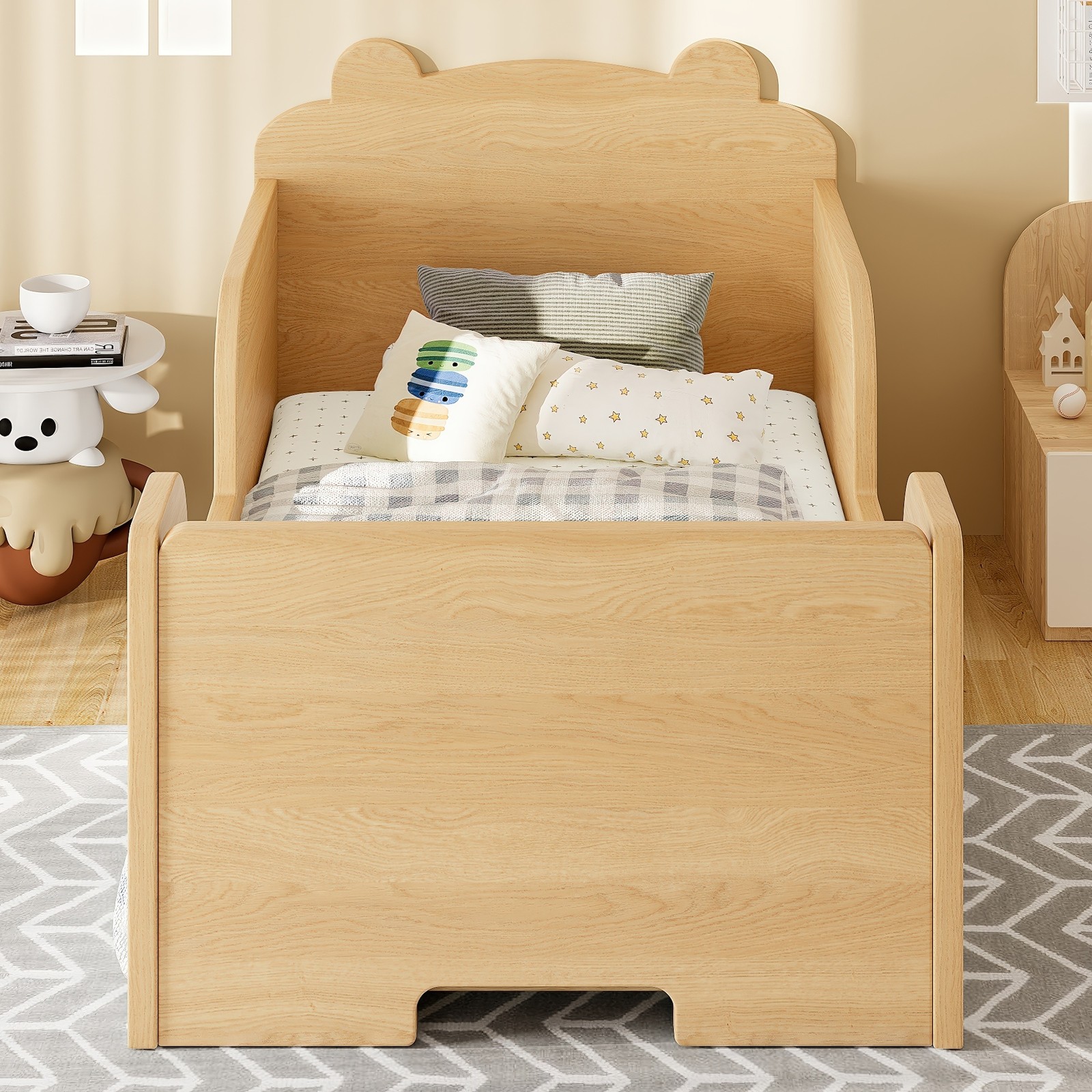 Twin Wood Toddler Floor Bed Frame with Safety Barrier for Boys & Girls Ages 3-6