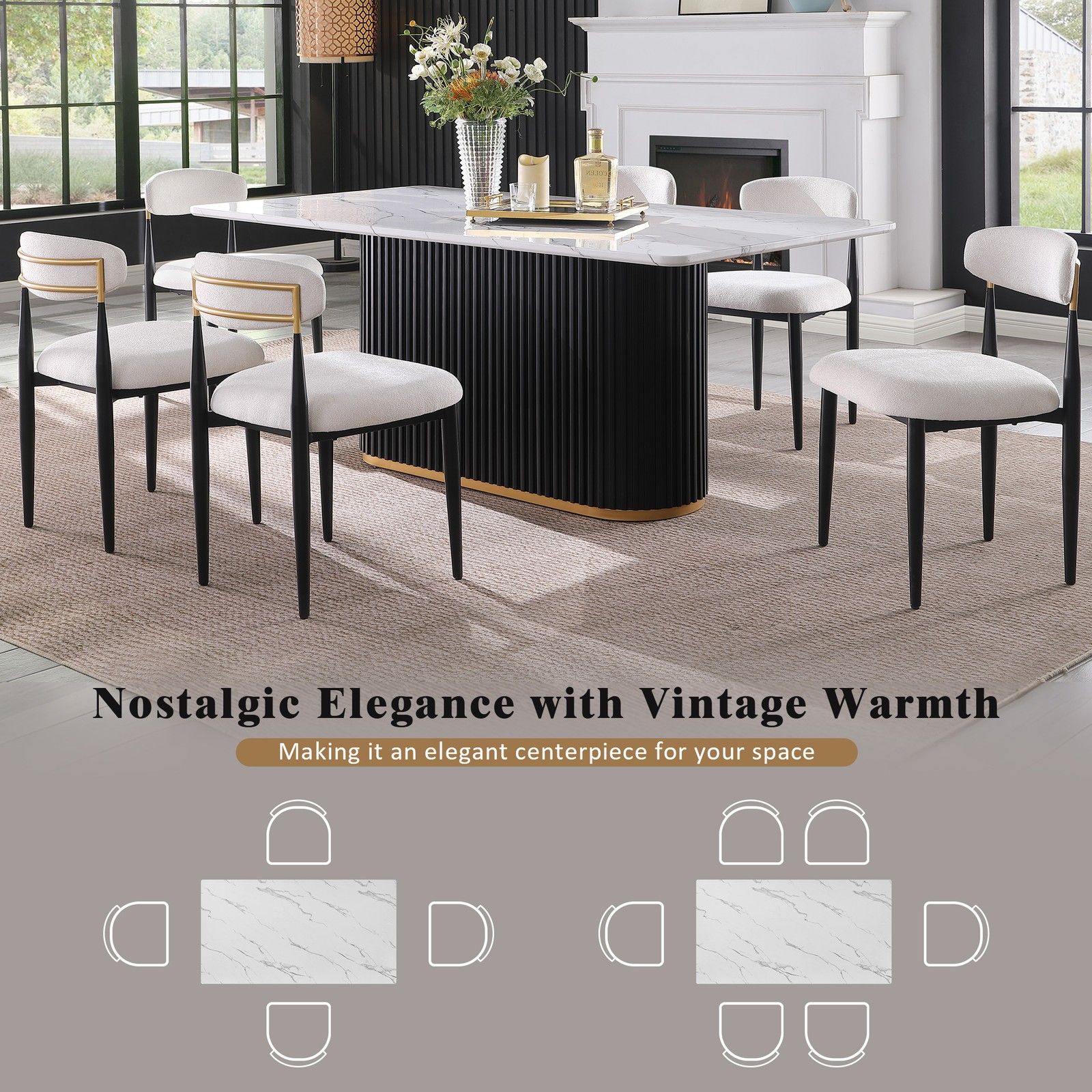 69″ Rectangular Faux Marble Dining Table Black Gold Base Seats 6