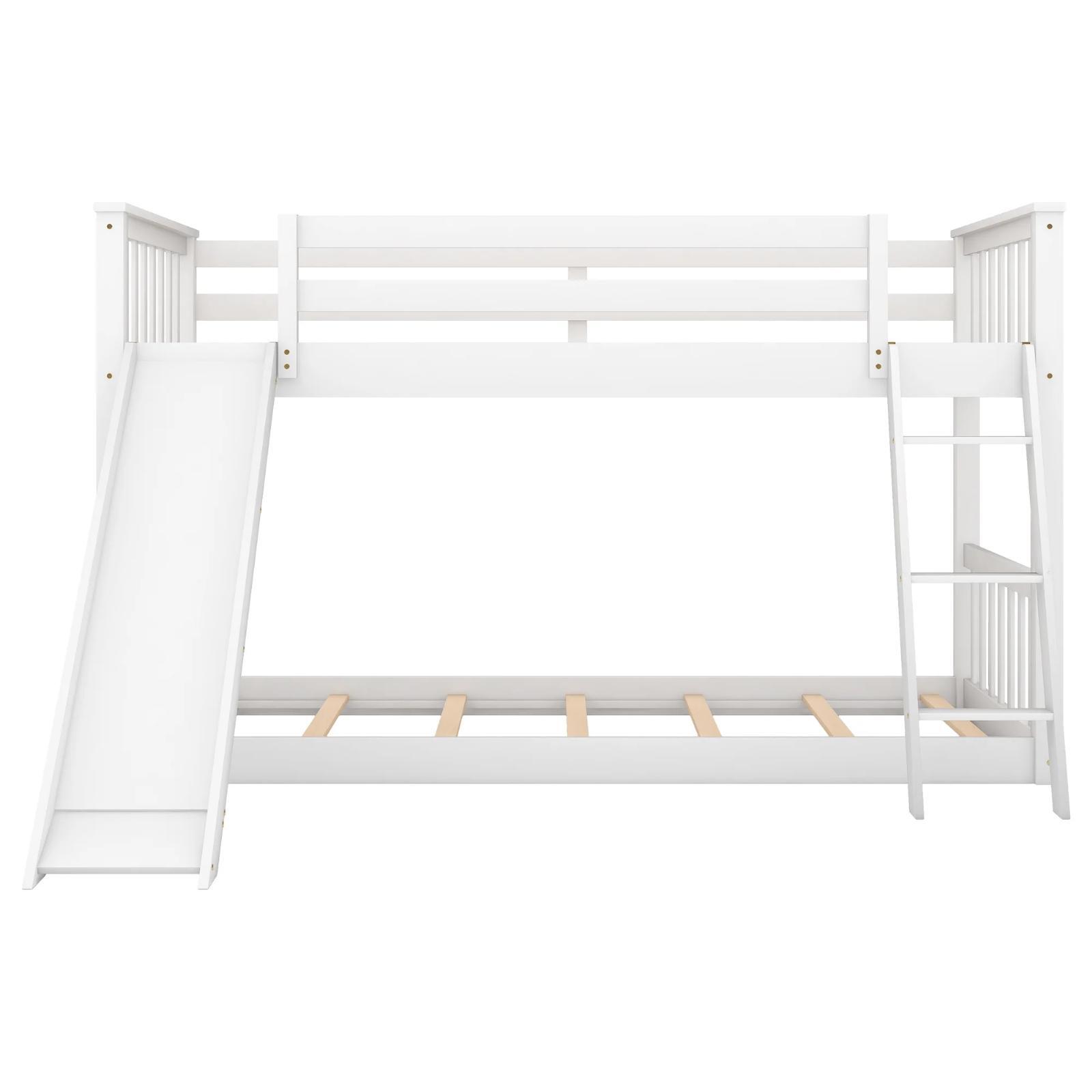 Solid Wood Bunk Bed Twin OverTwin Floor Bunk Bed With Ladder And Slide White
