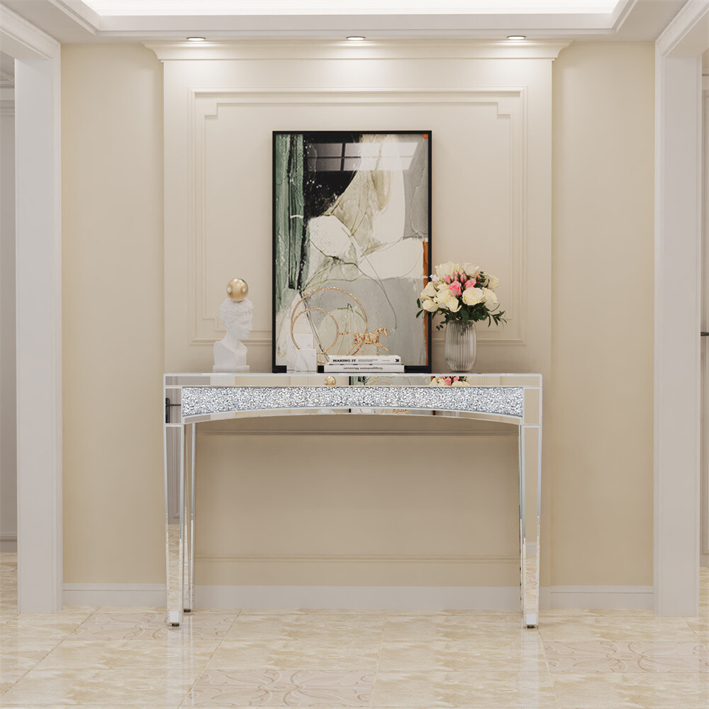 Diamond Mirrored Console Table Silver Entryway Long Accent Narrow Table Glass