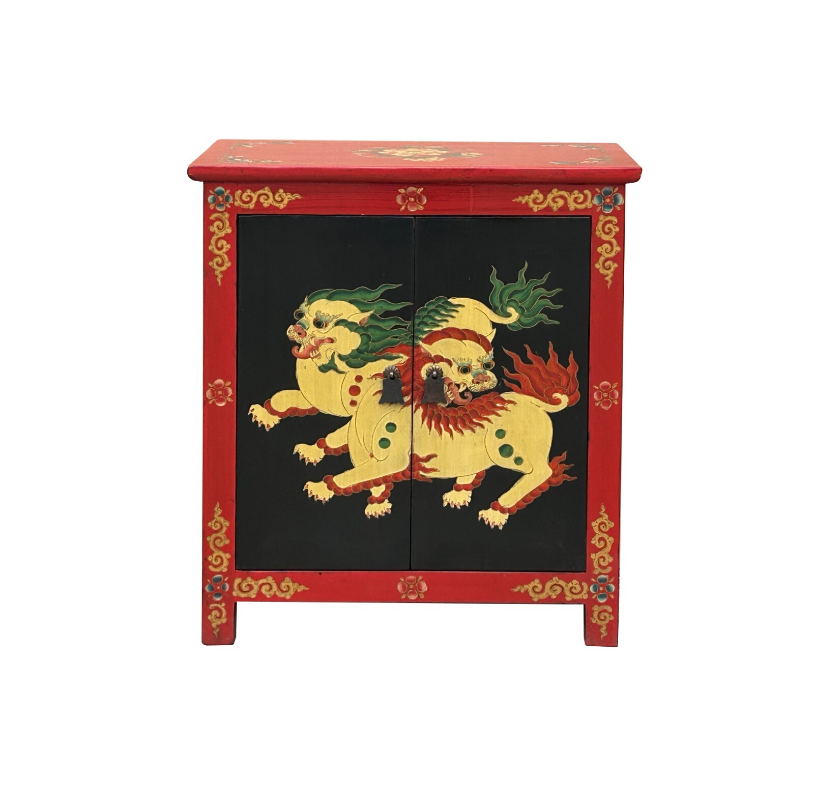 Tibetan Oriental Black Red Foo Dogs Lions End Table Nightstand ws4631