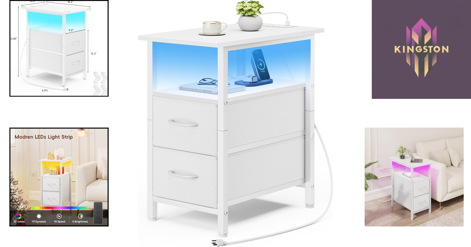 Contemporary Tall White Nightstand with Charging Station & Elegant LED Lighting