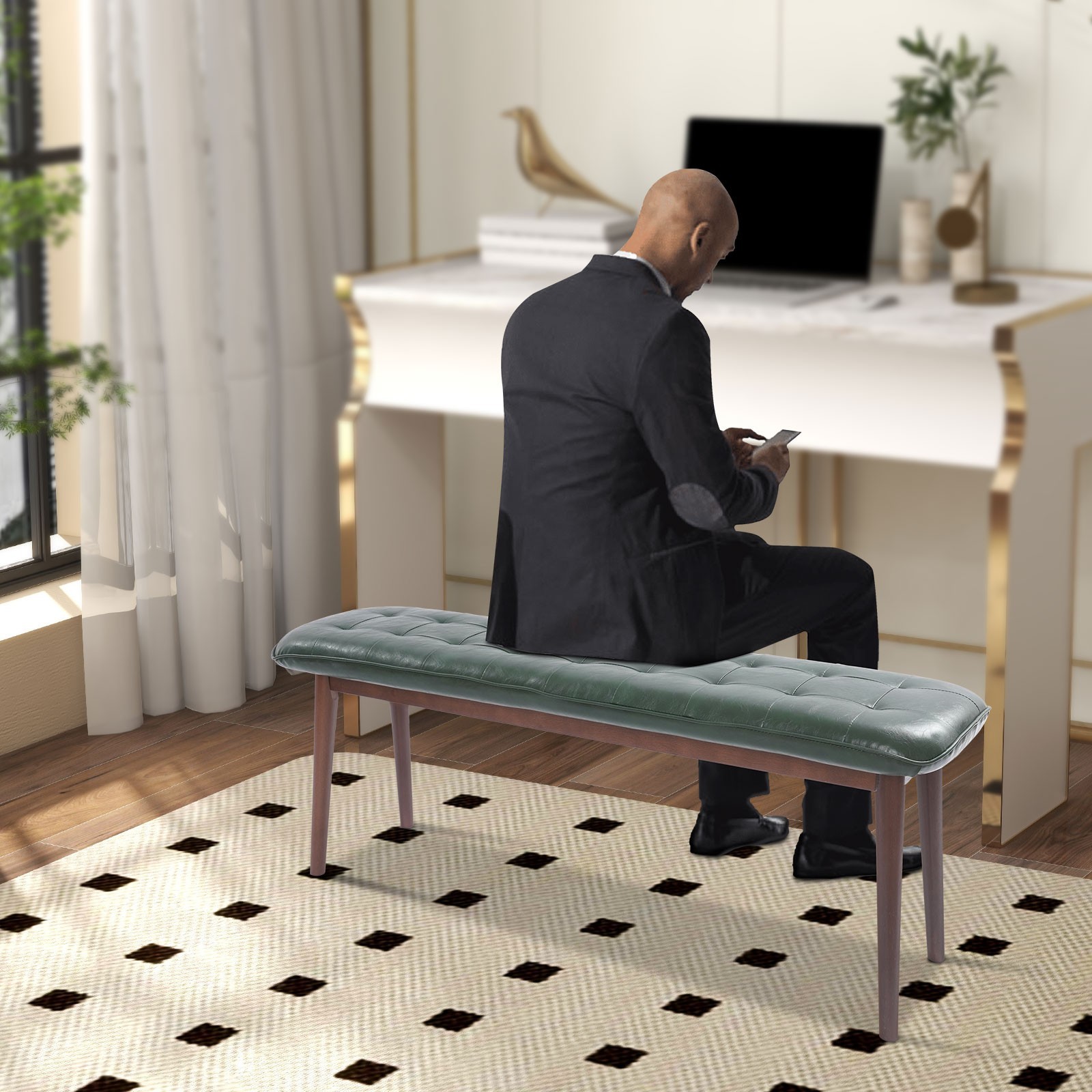 47.2 Inch Upholstered Entryway Wood Bench, Modern Shoe Bench Seat, Dark Green