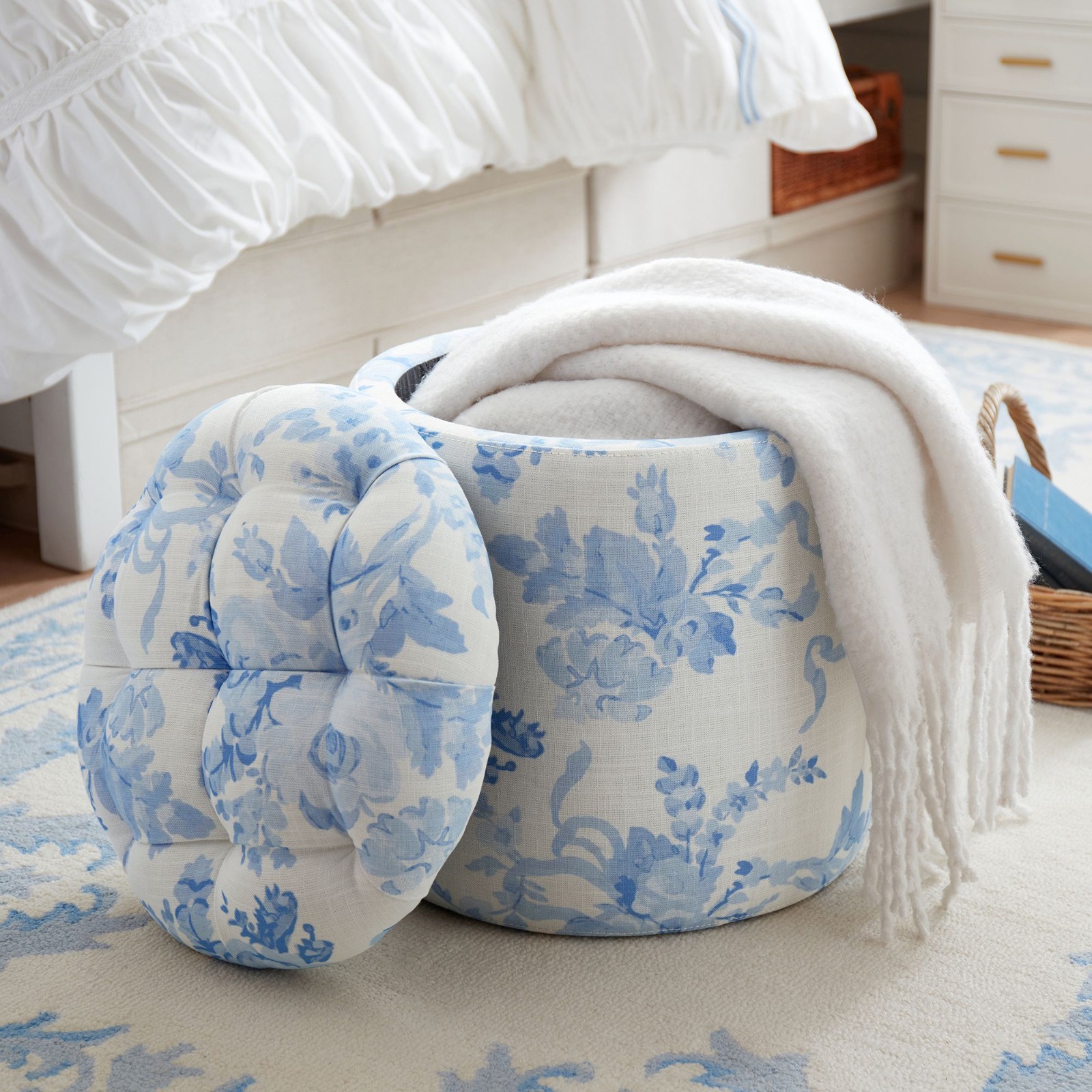 LoveShackFancy Garden Damask Pink Tufted Round Storage Ottoman Blue