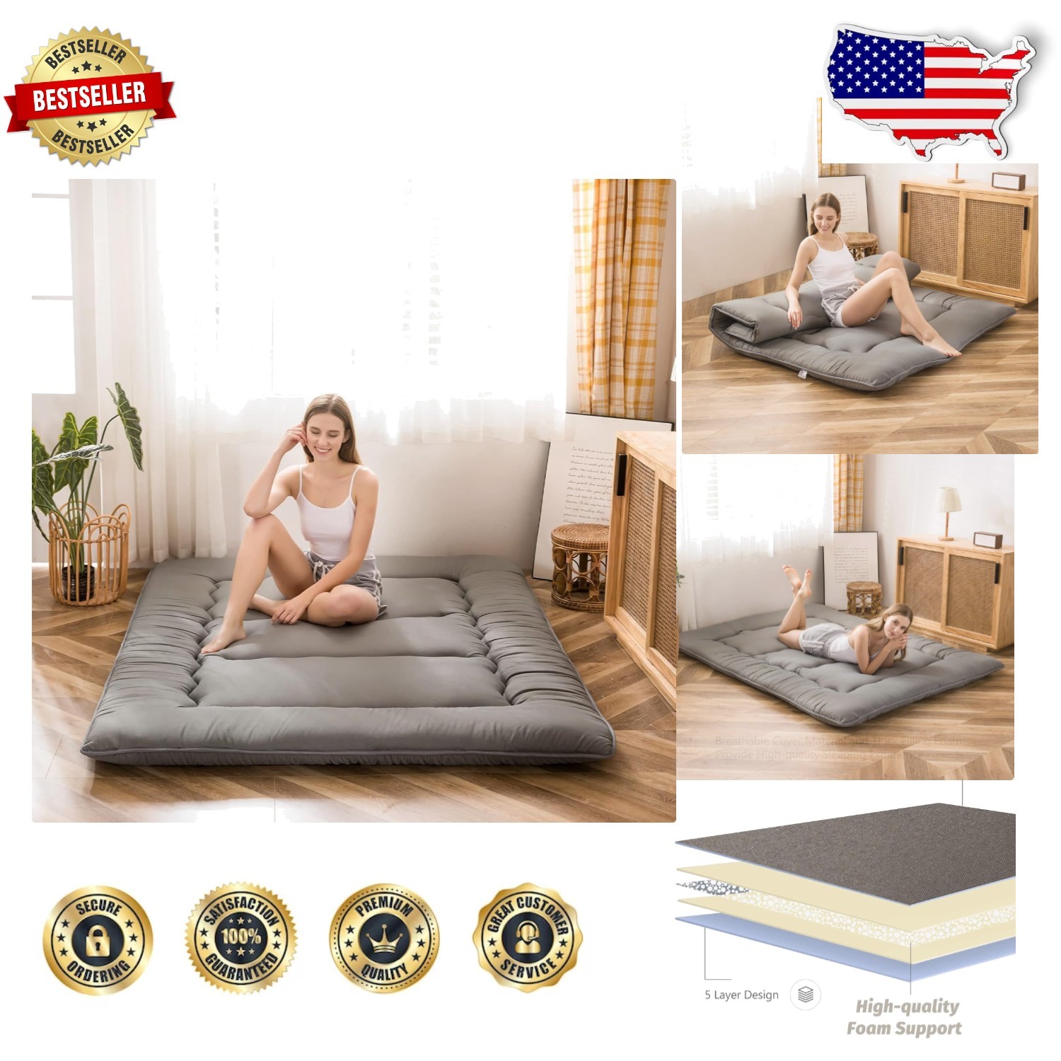 Queen Futon Mattress 4″ Thick, Foldable Sleeping Pad, Charcoal Grey
