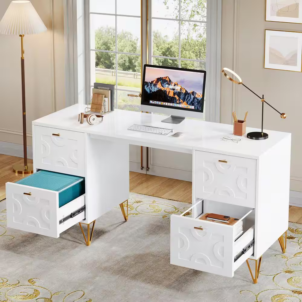 Moronia 59 In. Rectangle White Computer Desk Wood Computer Desk with Drawers, St