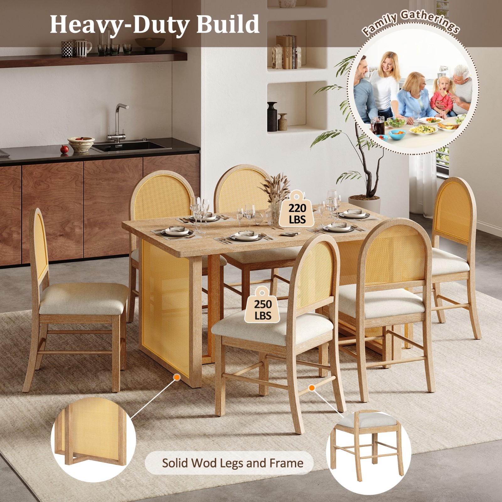 7-Piece Dining Table Set,59.8″ Rectangular Dining Table and 6 Rattan Chairs