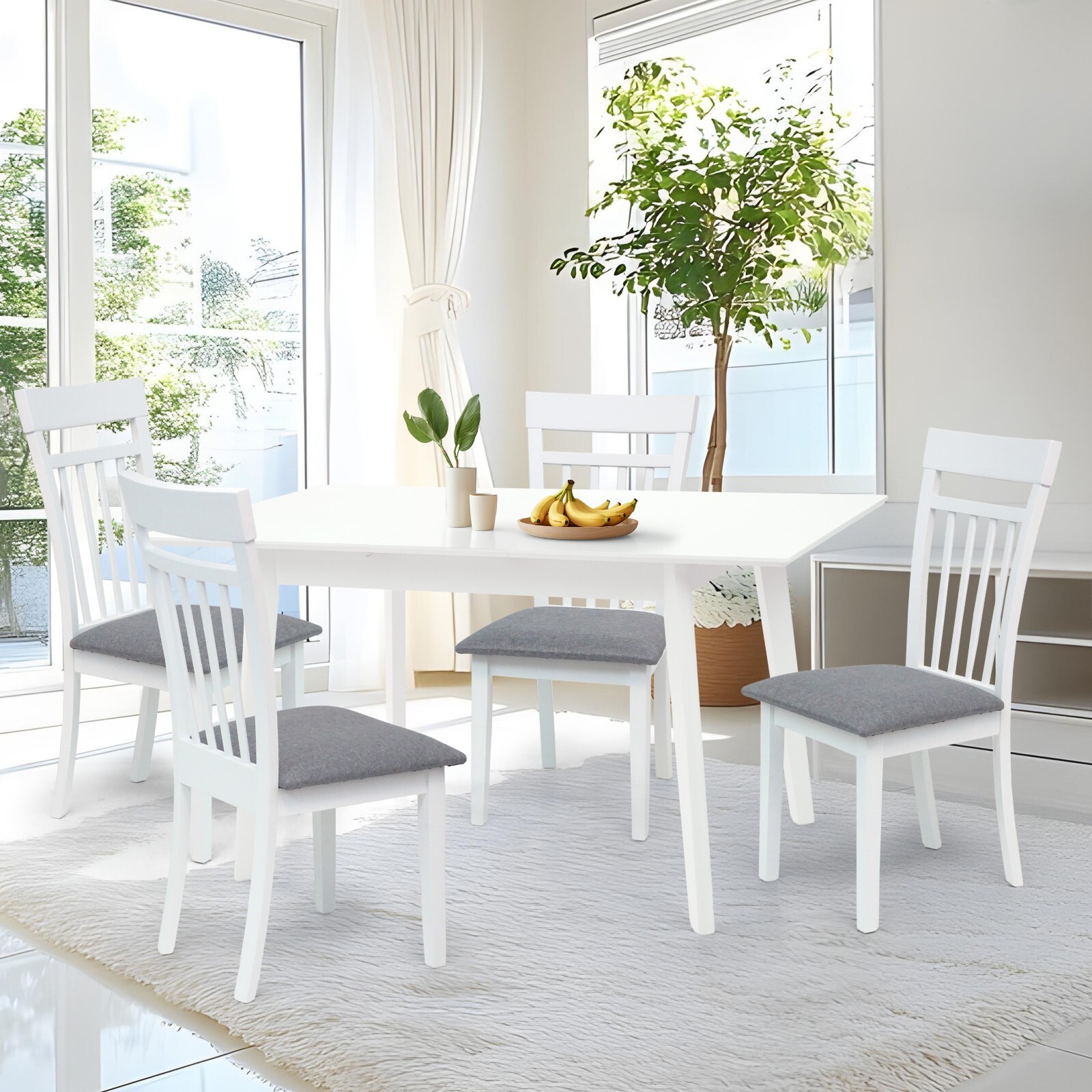 Classic Style Solid Wood 6 Warm Chairs w Extendable Rectangular Table