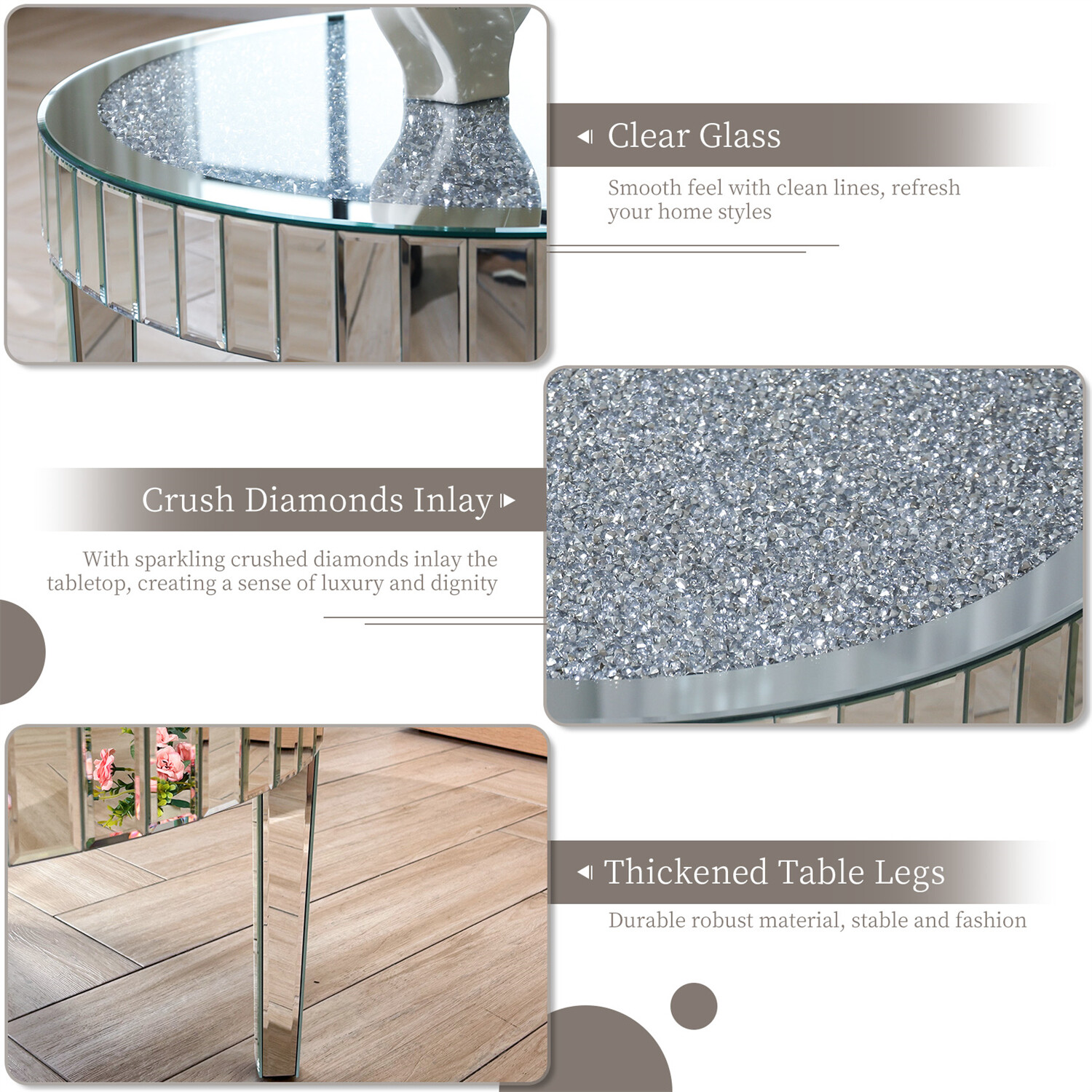 Shiny Silver Mirrored Coffee Table Mirror Crystal Inlay Round End Cocktail Table