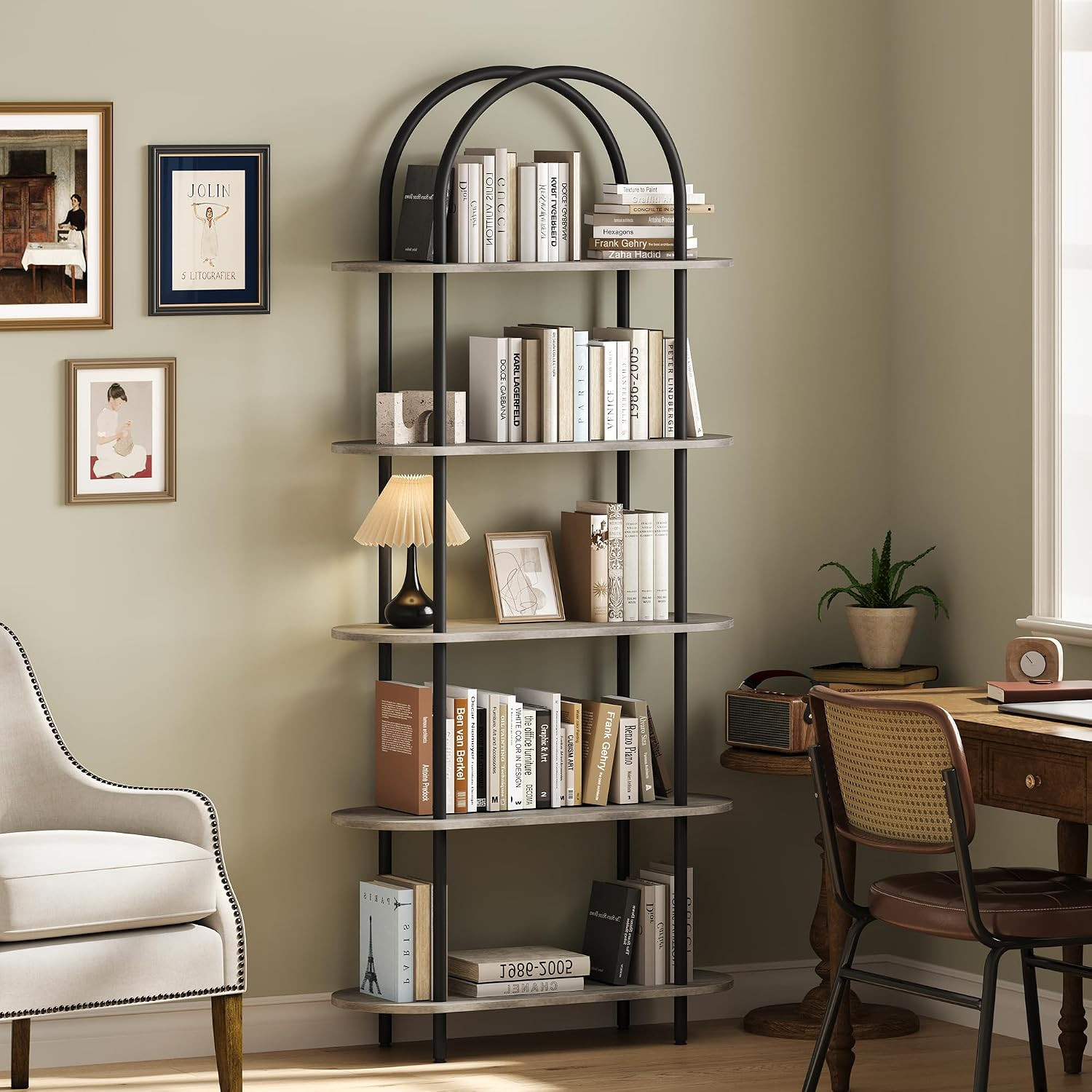 71″ Arched Bookshelf, 5 Tier Freestanding Open Bookcase with Sturdy Metal Frame,