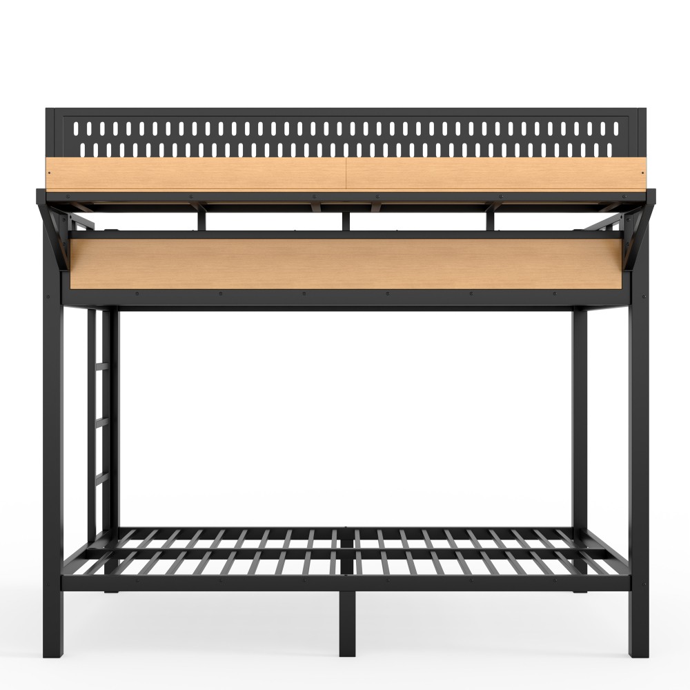 Twin XL over Twin XL Size Metal Bunk Bed with Storage Shelves and Pegboard